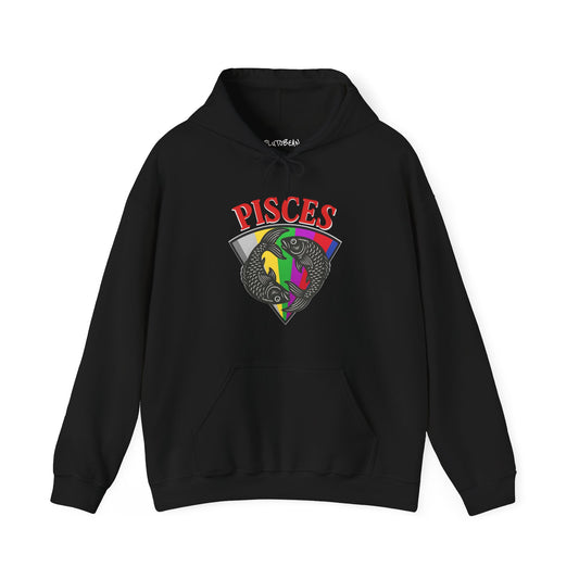 Black hoodie with Pisces zodiac design on a white background