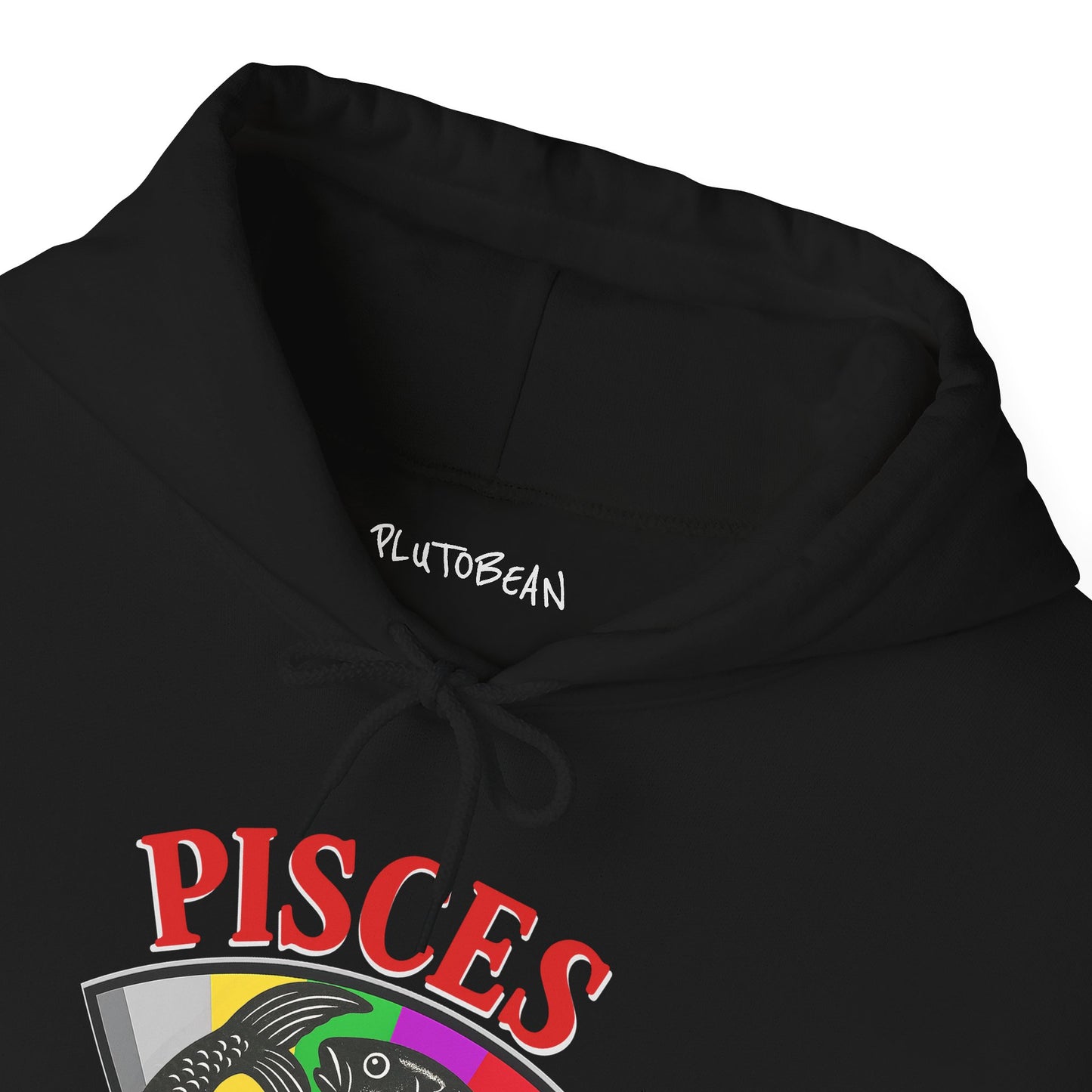 Black hoodie with 'Pisces' design and 'PlutoBean' branding on a white background