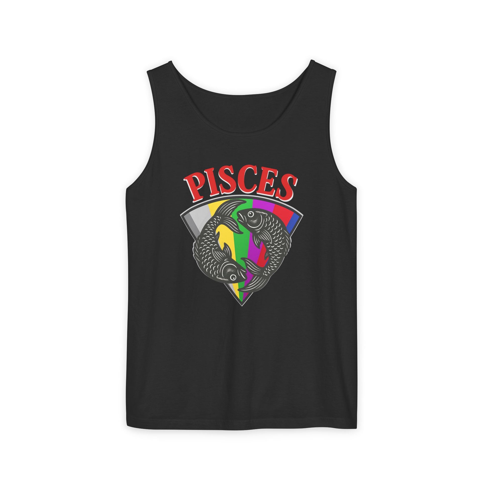 Black tank top with Pisces zodiac design on a white background