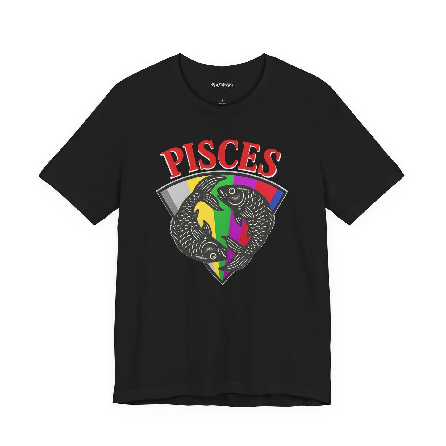 Black t-shirt with Pisces zodiac sign design on a white background