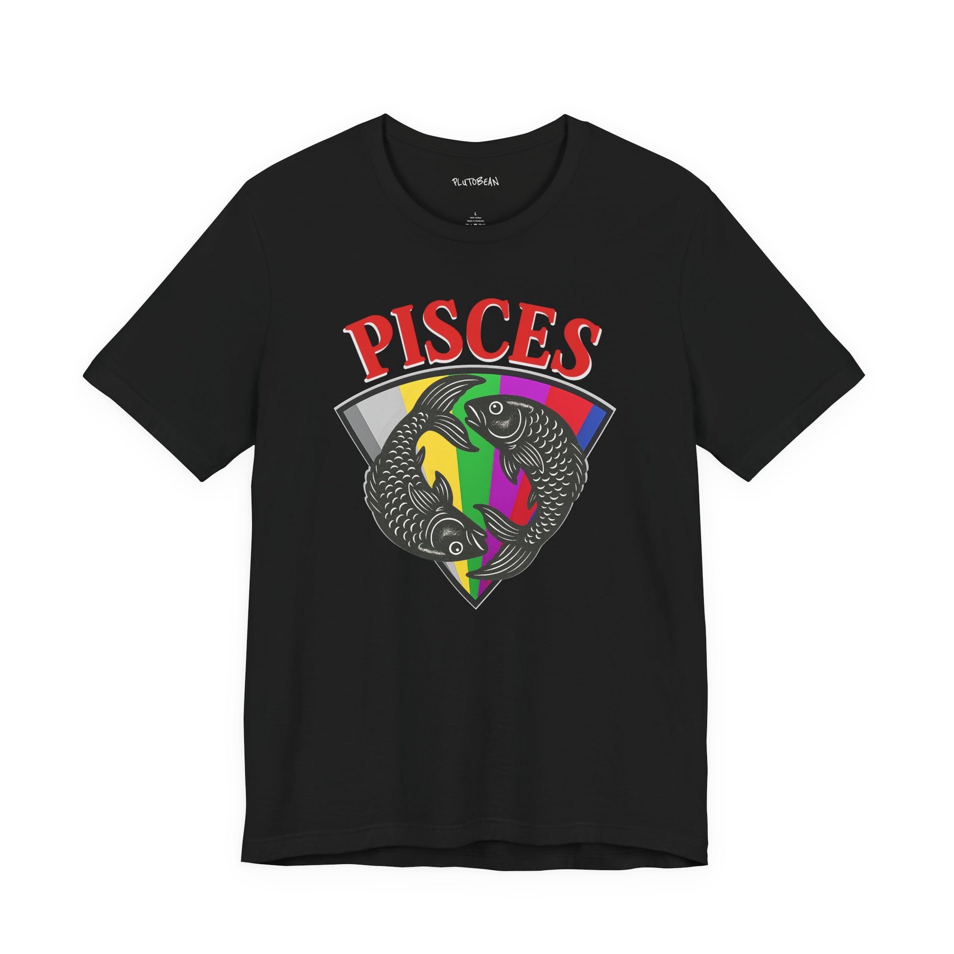 Black t-shirt with Pisces zodiac sign design on a white background