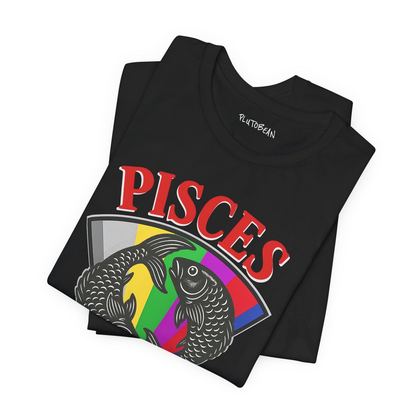 Black t-shirt with 'Pisces' design featuring zodiac symbols on a white background