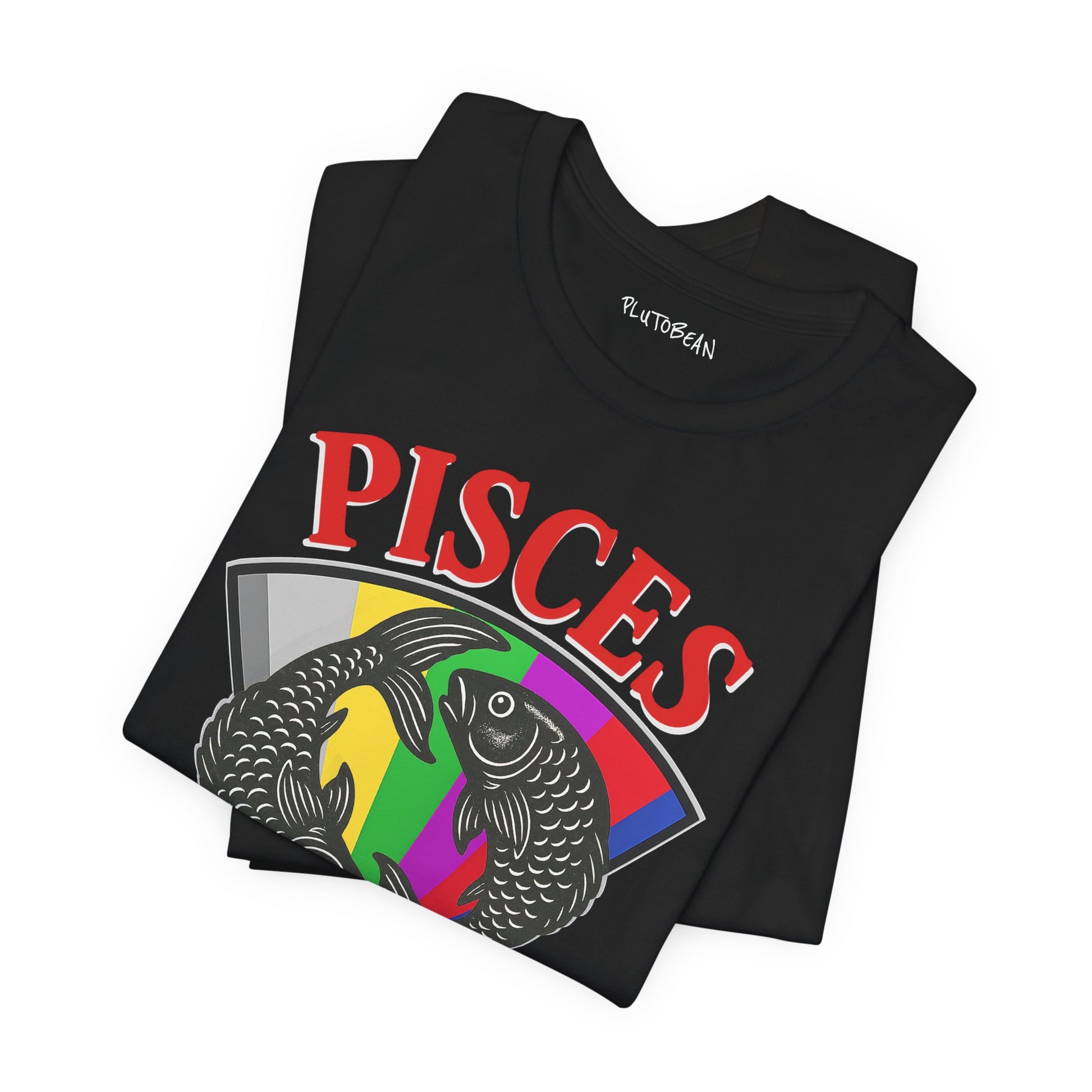 Black t-shirt with 'Pisces' design featuring zodiac symbols on a white background