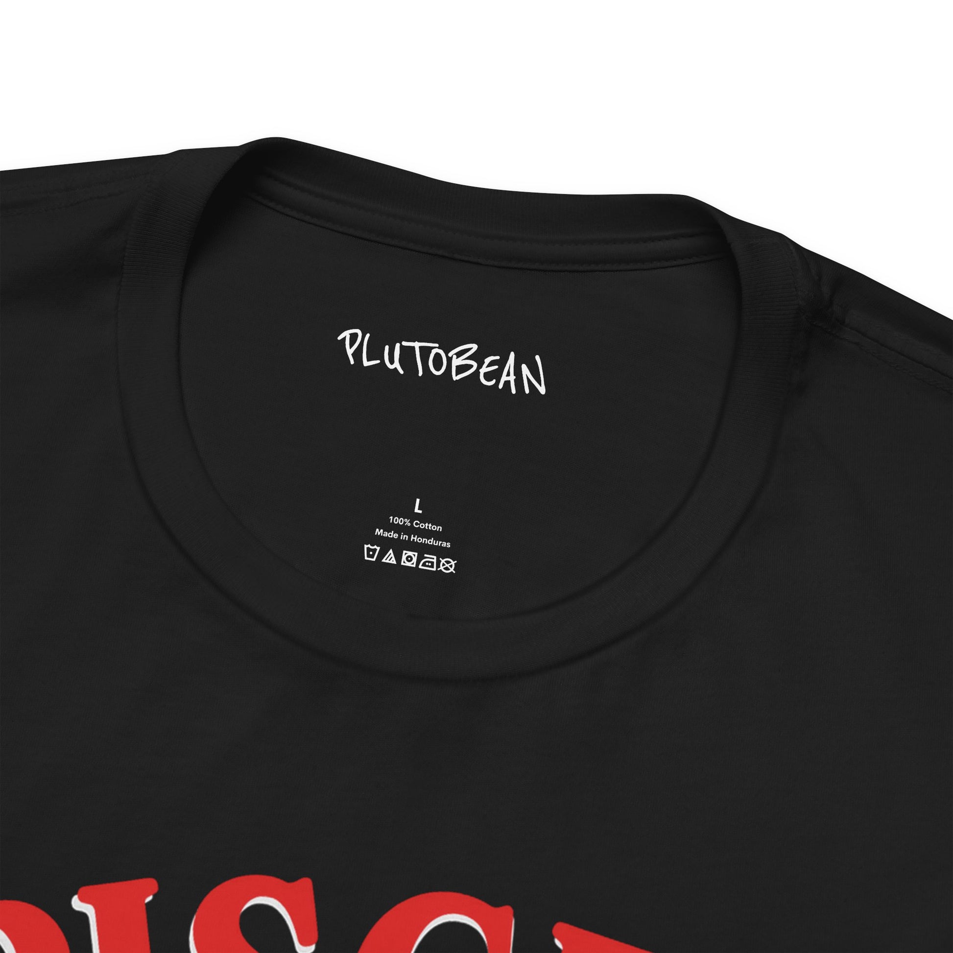 Black t-shirt with 'PLUTOBEAN' branding on the collar against a white background