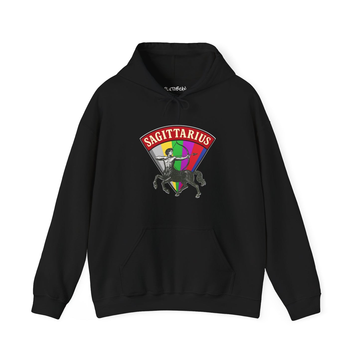 Black hoodie with Sagittarius design on a white background