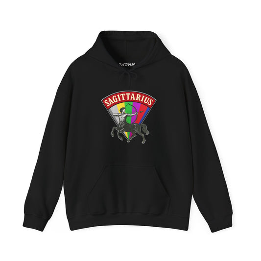Black hoodie with Sagittarius design on a white background