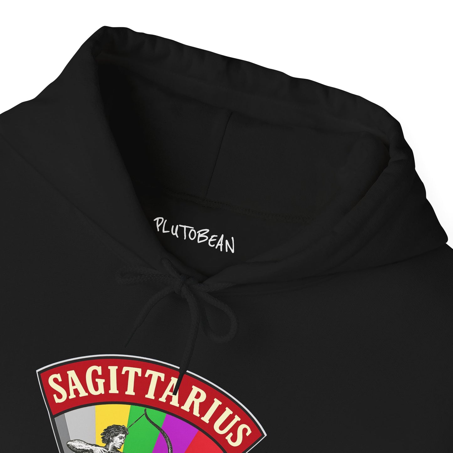 Black hoodie with Sagittarius design and Plutobean branding on a white background