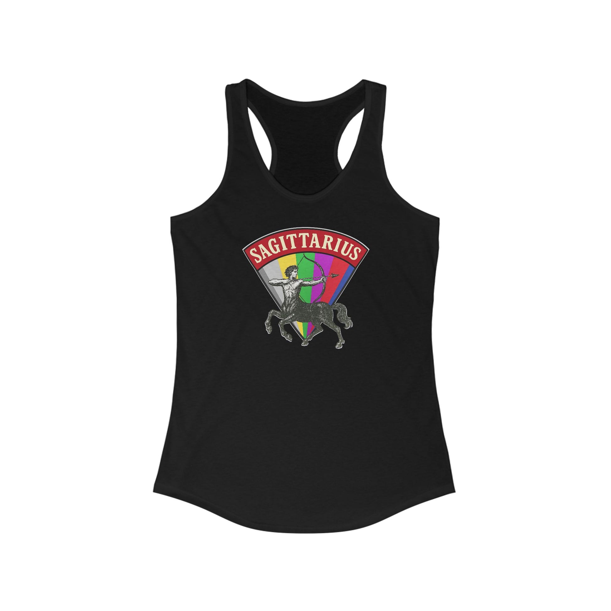 Black tank top with Sagittarius design featuring a rainbow flag and centaur on a white background