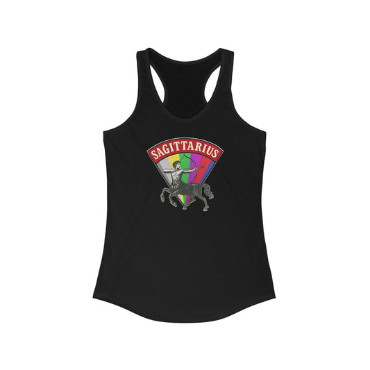 Black tank top with Sagittarius design featuring a rainbow flag and centaur on a white background