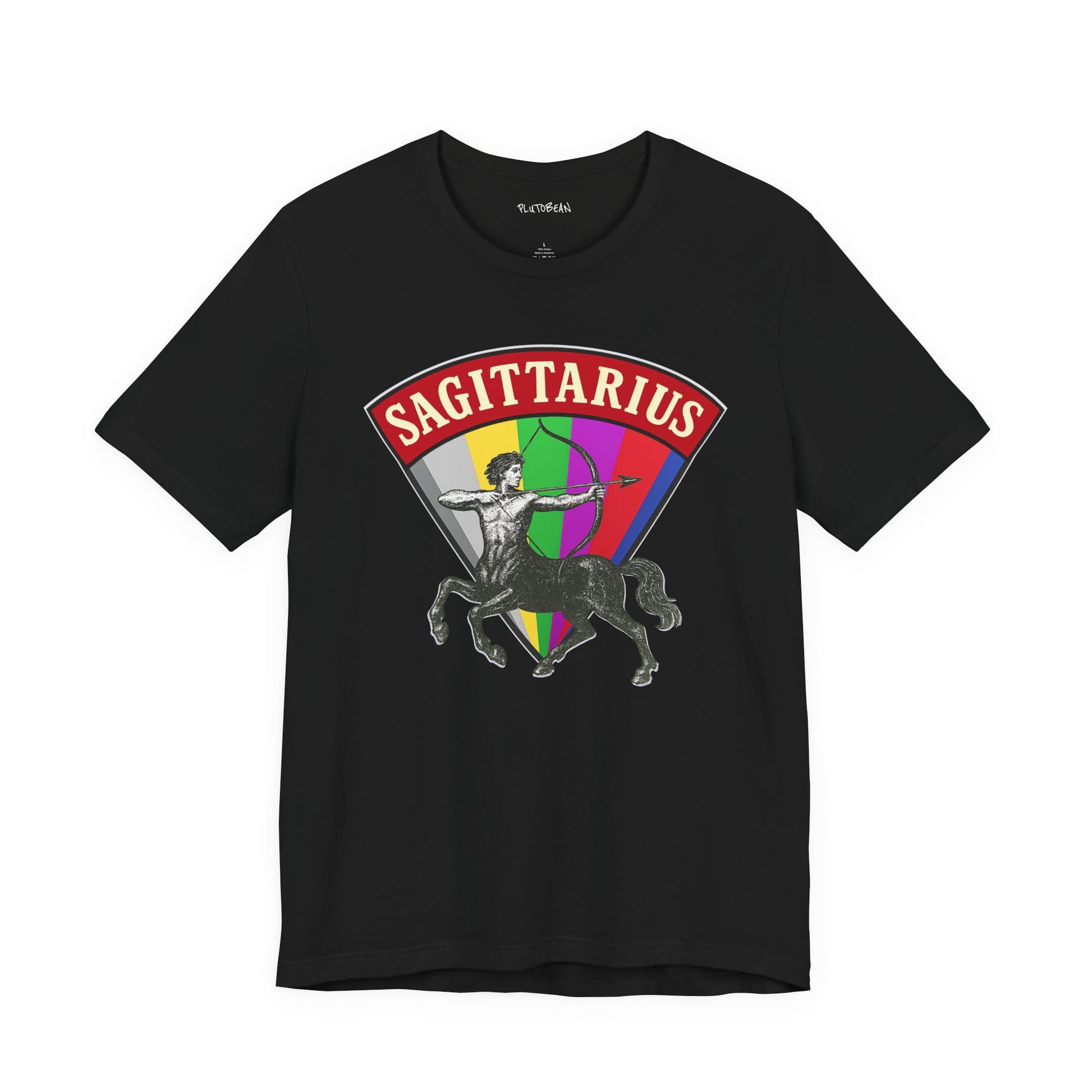 Black t-shirt with Sagittarius zodiac sign graphic on a white background
