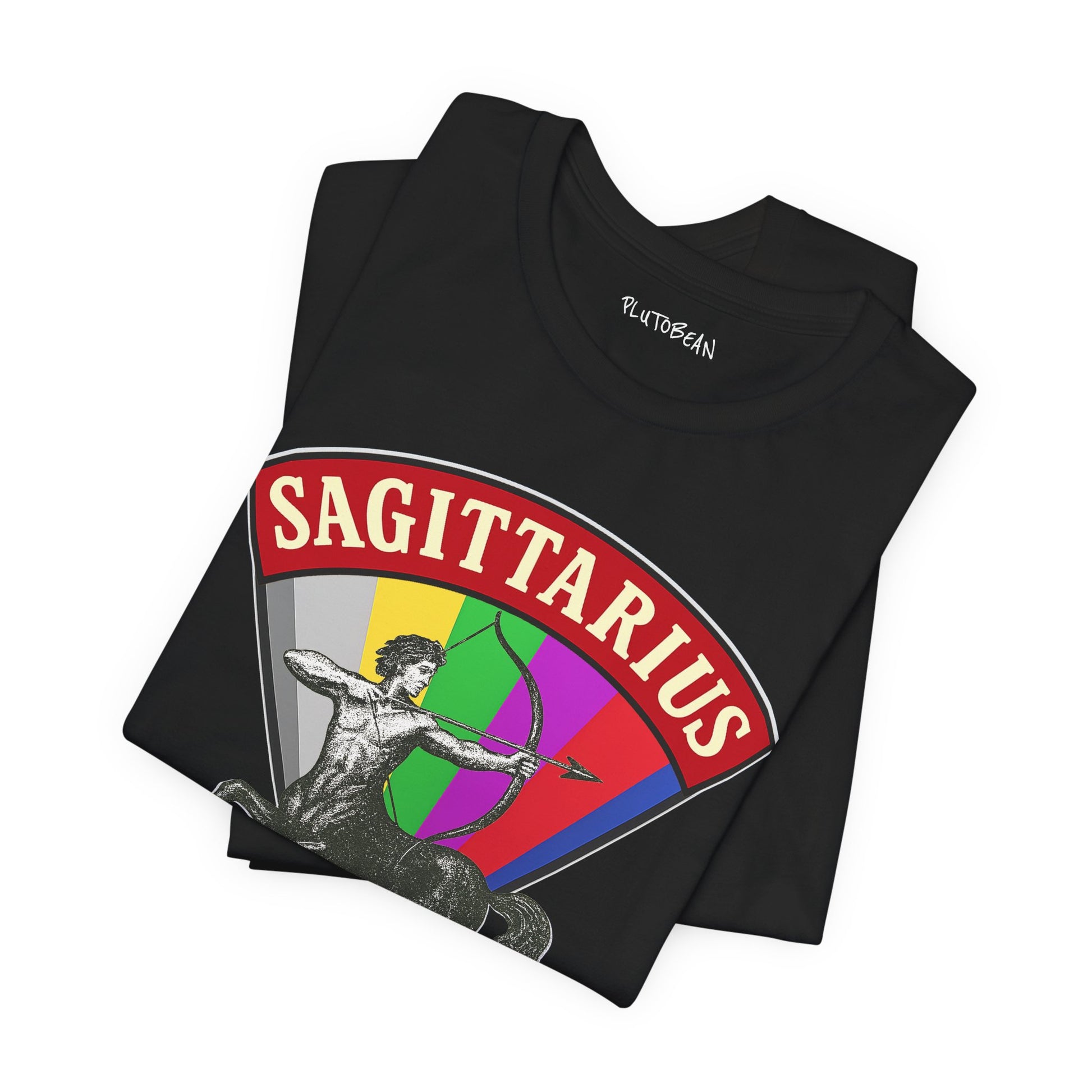 Black t-shirt with Sagittarius zodiac design on a white background