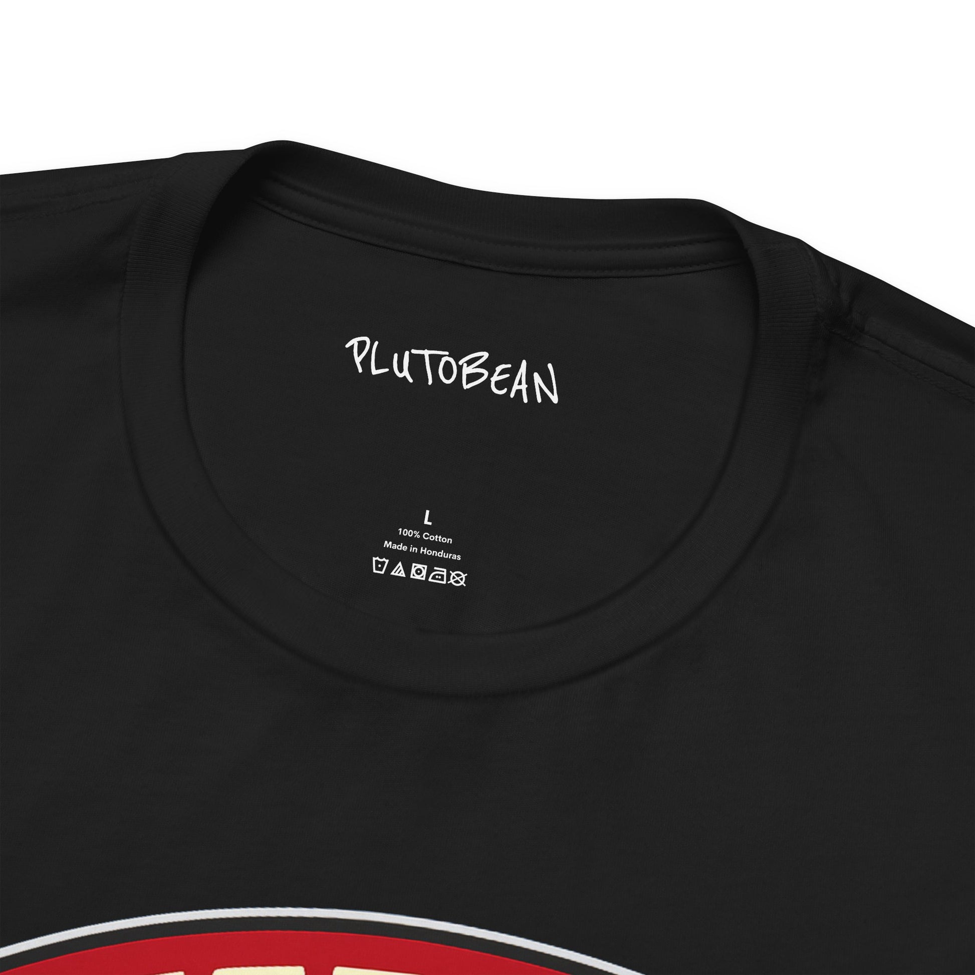 Black t-shirt with 'PLUTOBEAN' branding on the collar and size label.