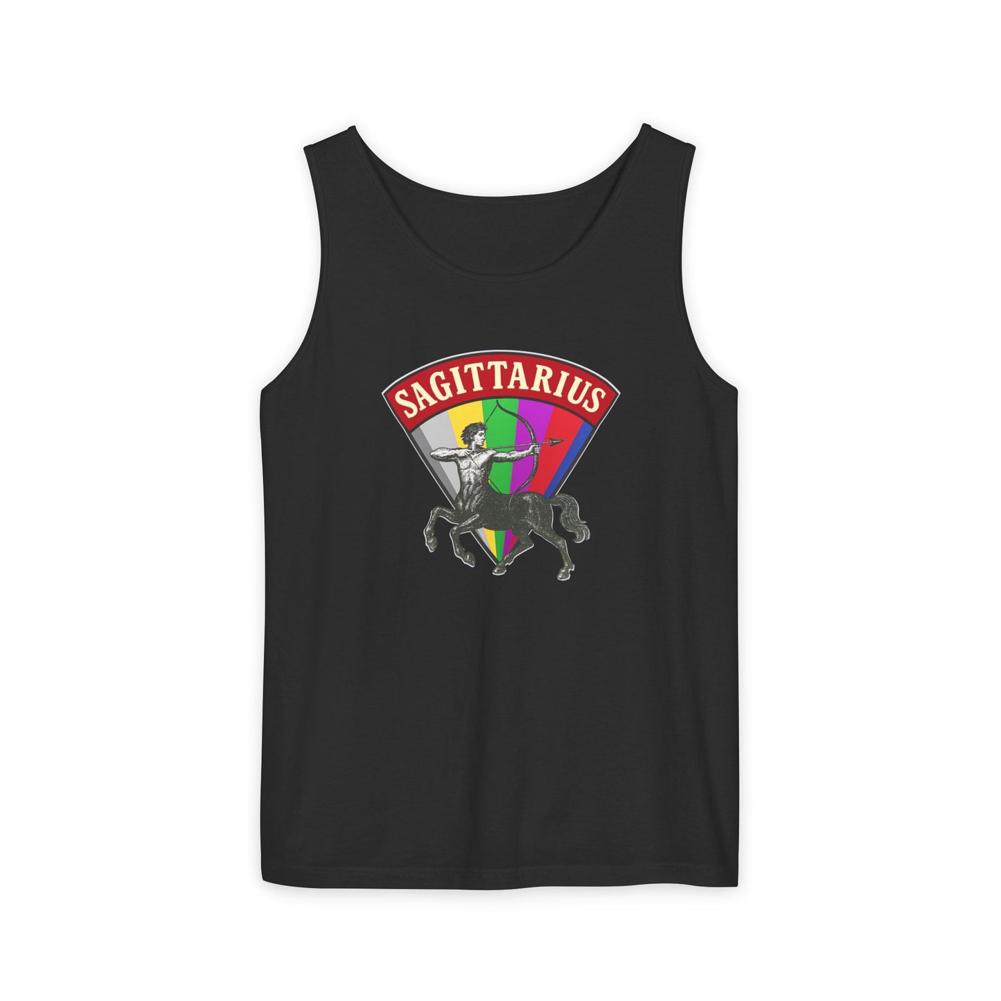 Black tank top with Sagittarius zodiac sign design on a white background