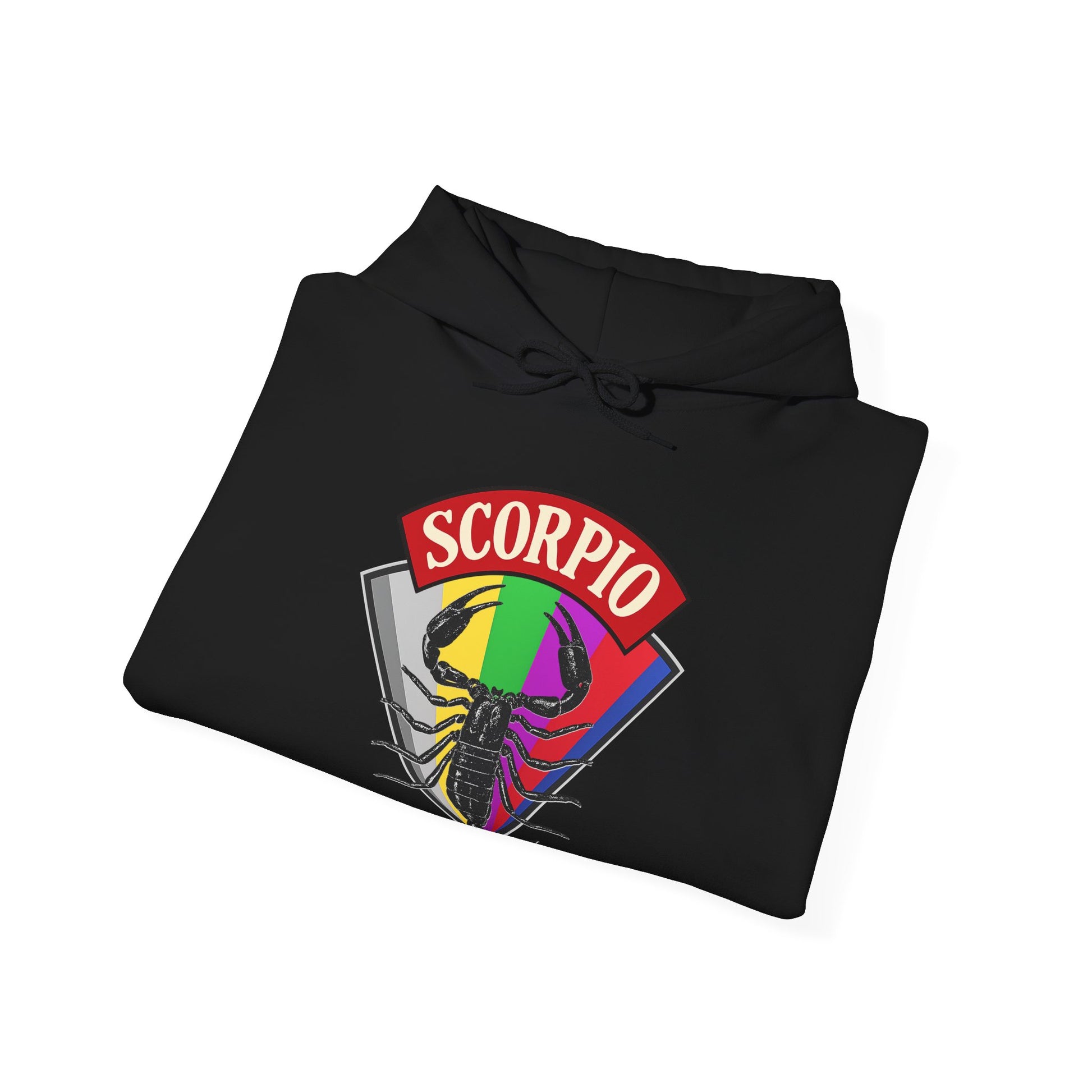 Black hoodie with Scorpio zodiac sign design on a white background