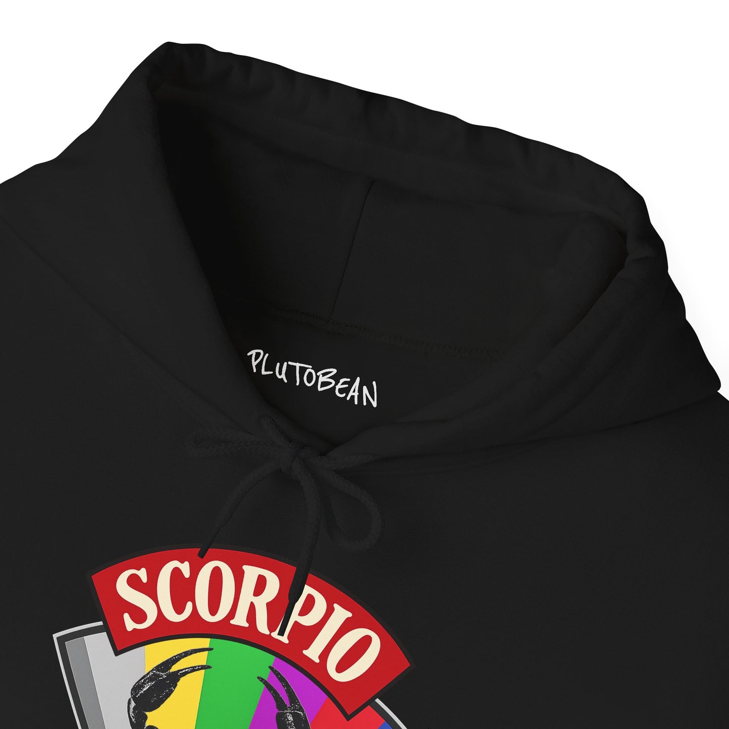 Black hoodie with 'SCORPIO' design and 'PLUTOBEAN' branding on a white background