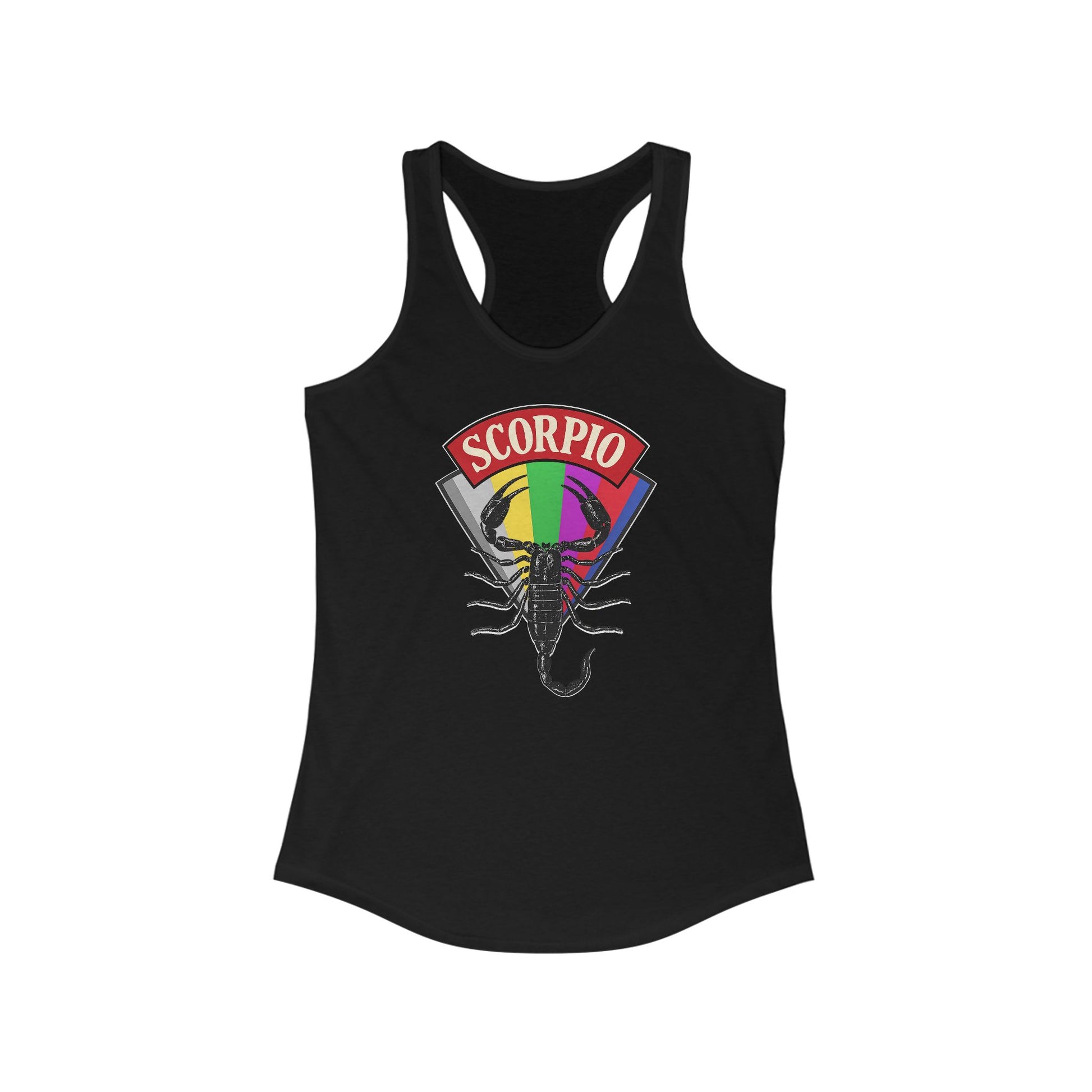 Black tank top with Scorpio zodiac sign design on a white background