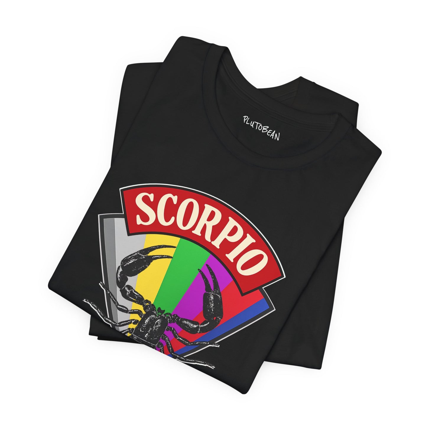 Black t-shirt with 'Scorpio' design on a white background