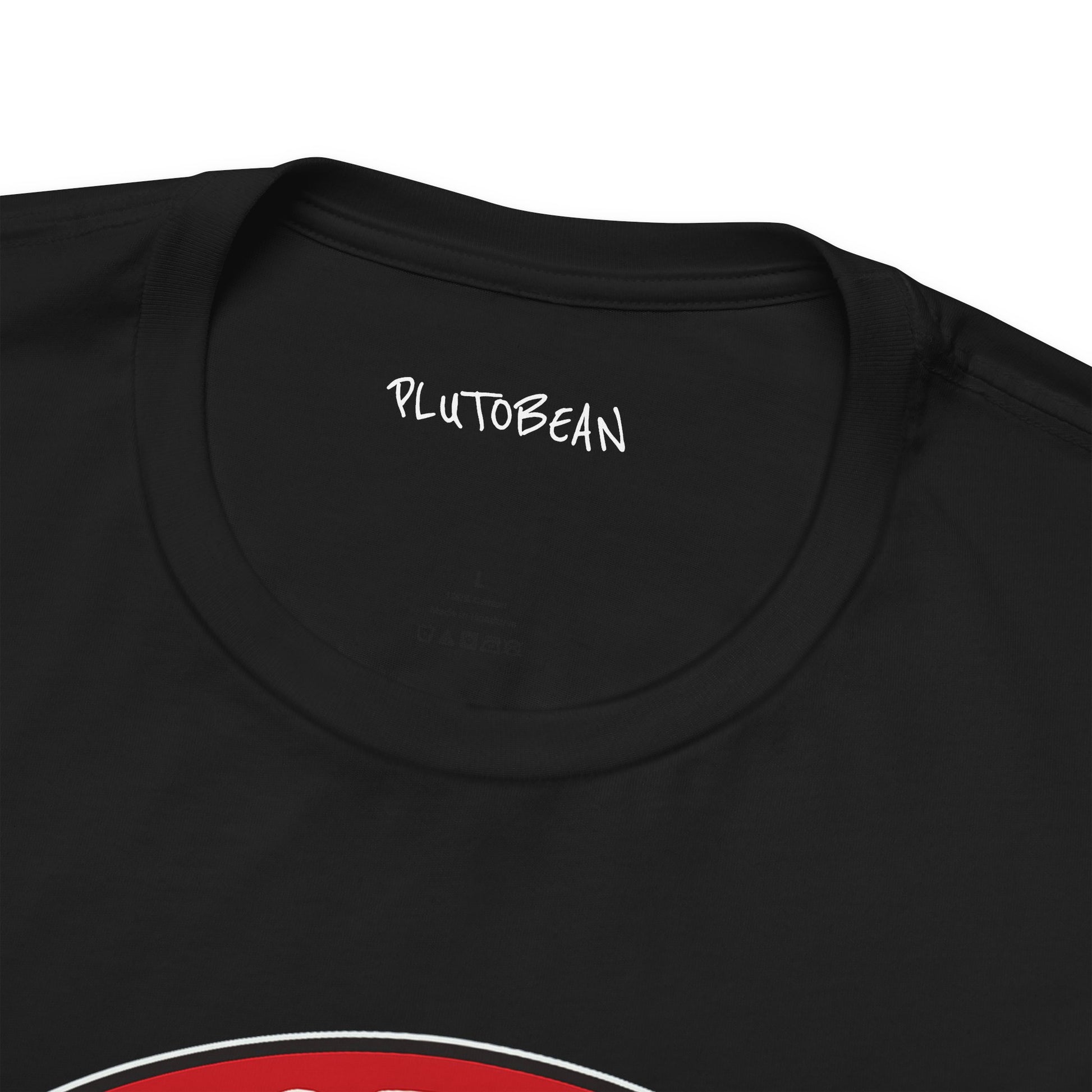Black t-shirt with 'PLUTOBEAN' logo on a white background