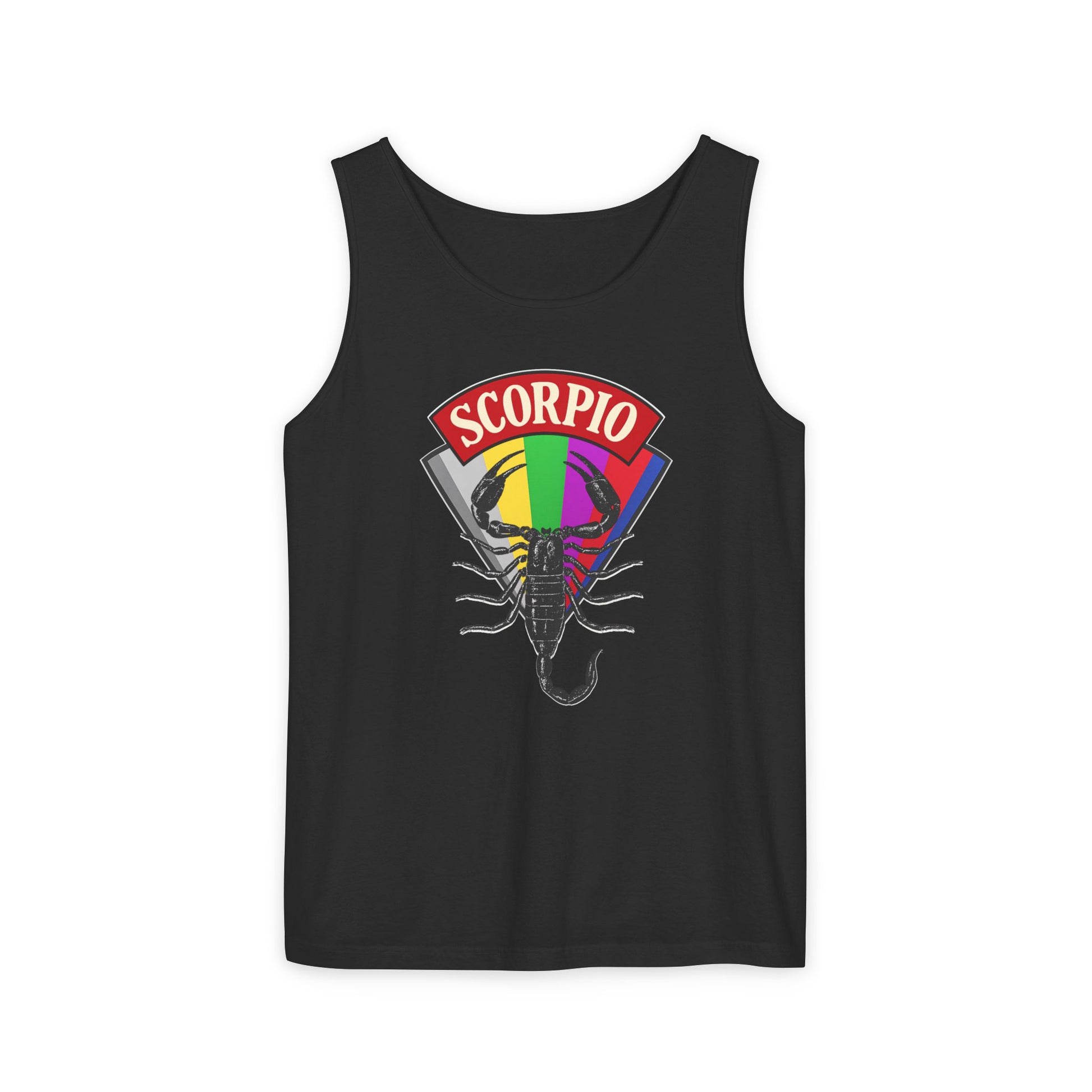 Black tank top with Scorpio zodiac sign design on a white background