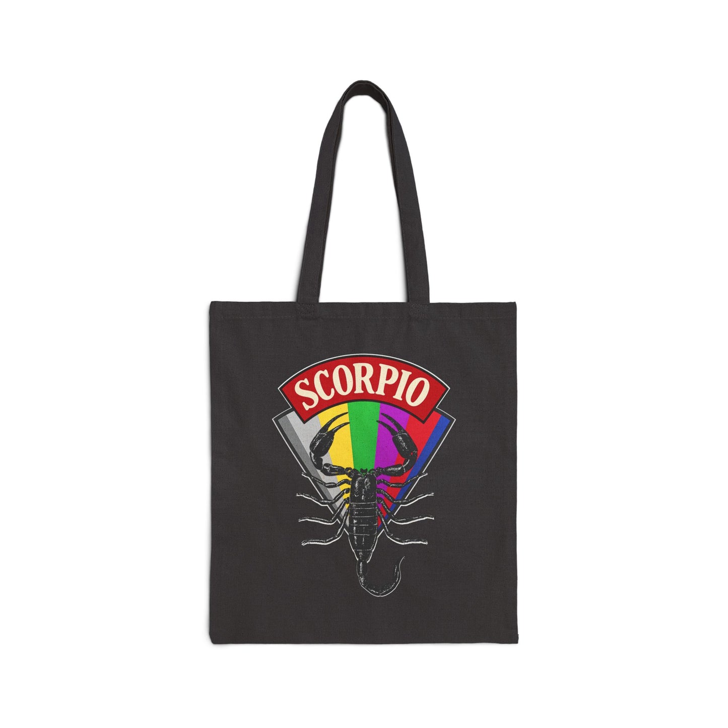 Black tote bag with Scorpio zodiac design on a white background