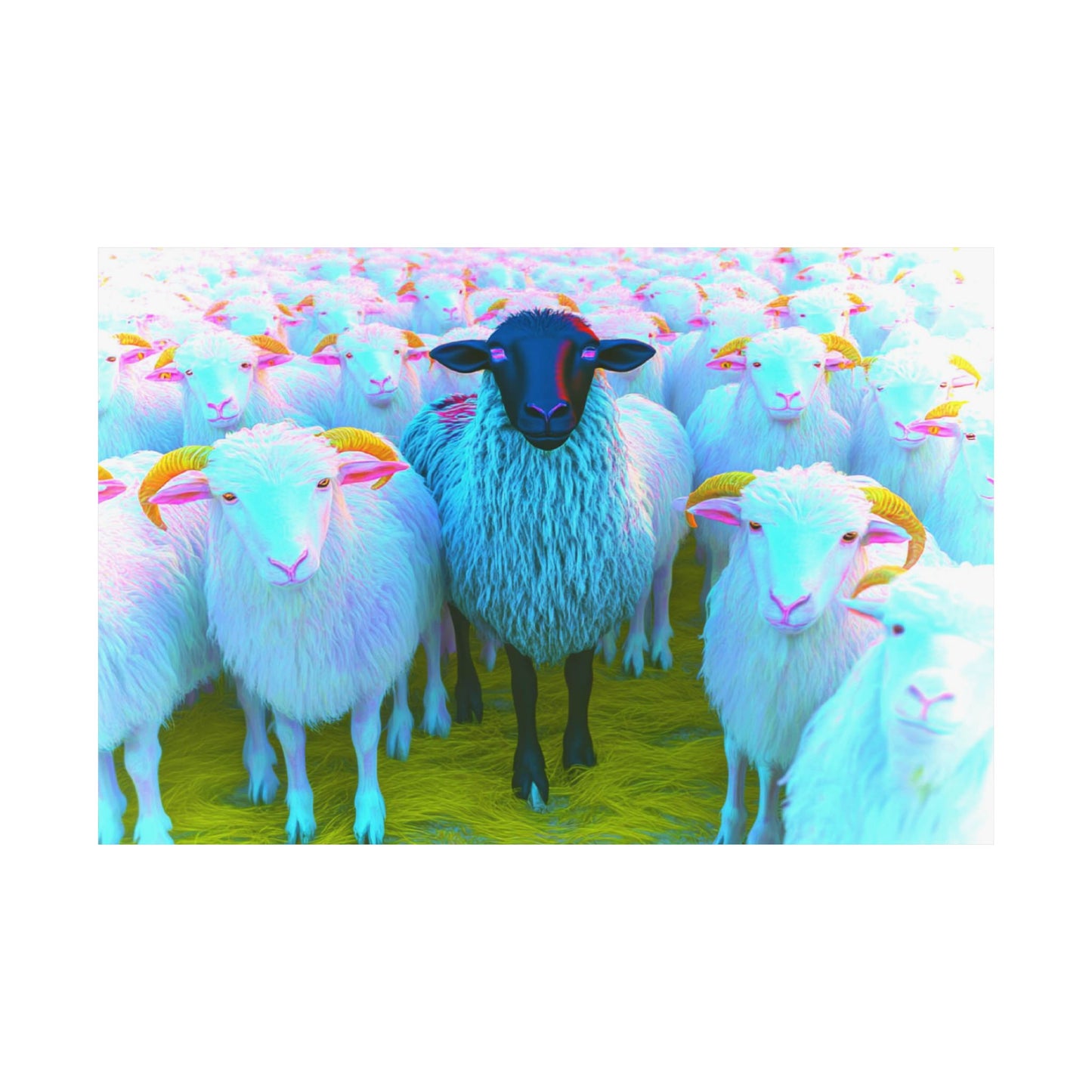 Sheep with colorful faces and horns in a field