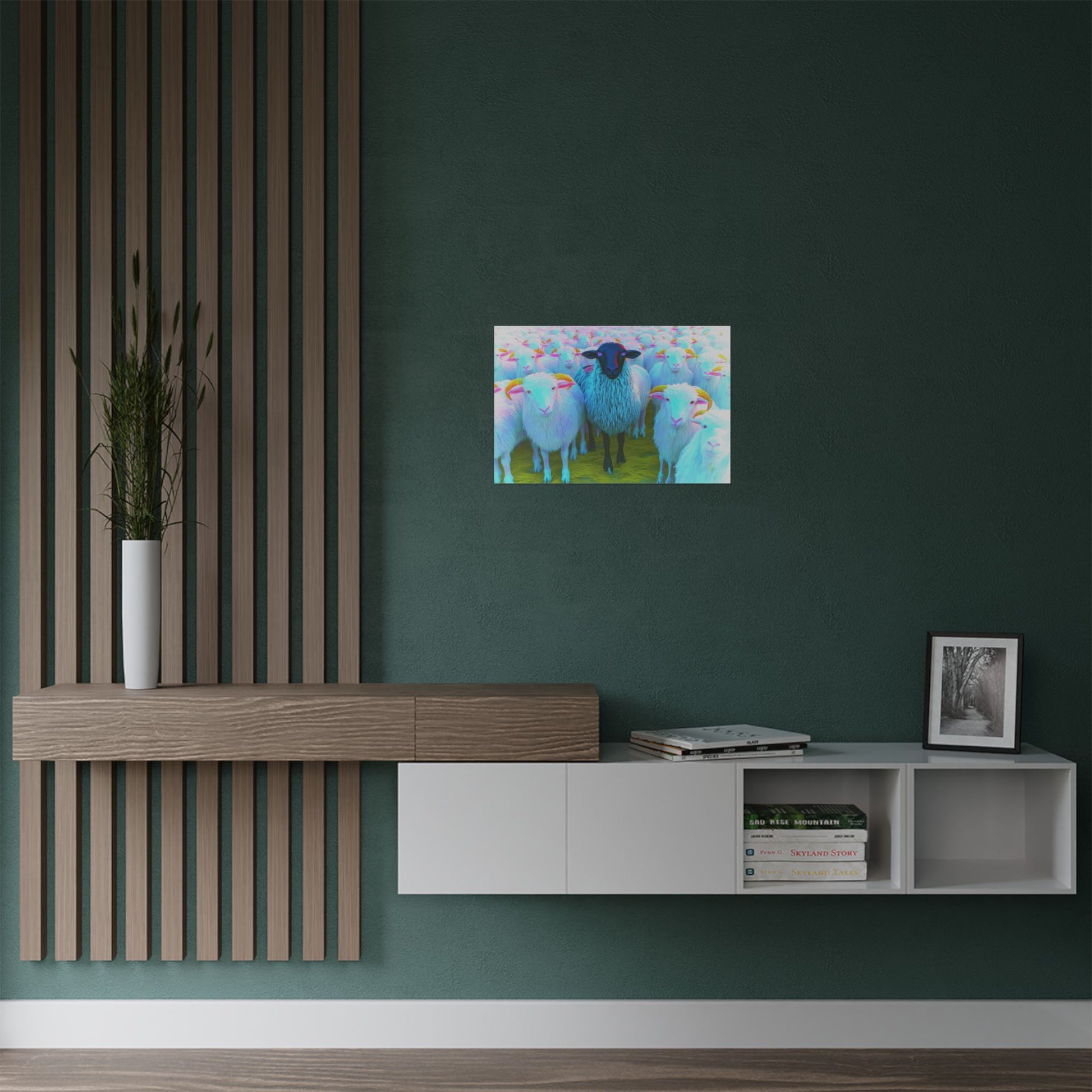 Modern interior design with a wooden console, white shelves, and a wall art of three sheep.