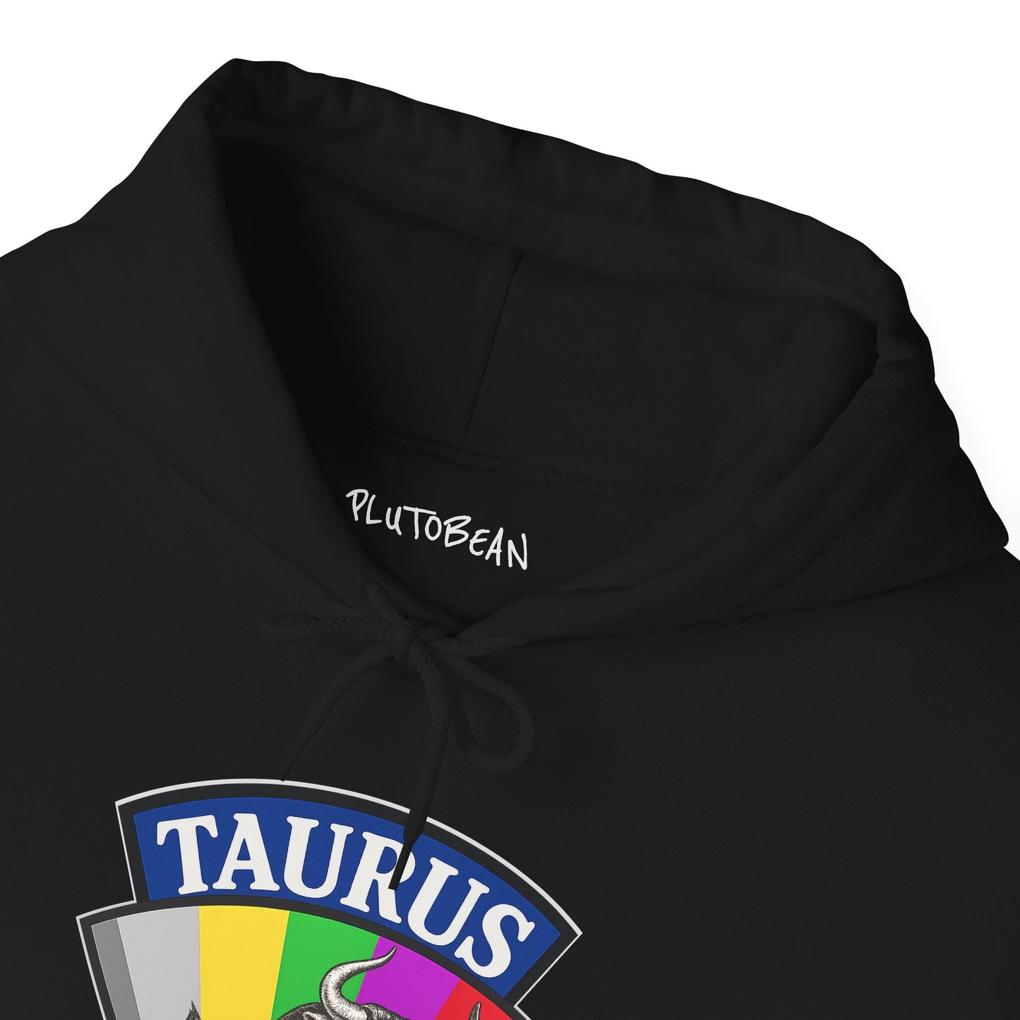 Black hoodie with 'Taurus' design and 'PlutoBean' branding on a white background
