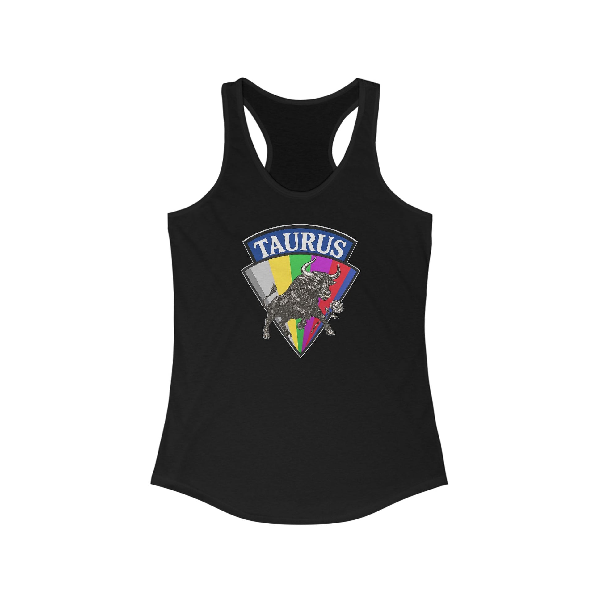 Black tank top with Taurus zodiac sign design on a white background