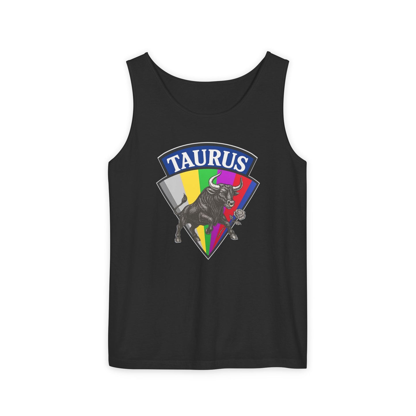 Black tank top with Taurus zodiac sign design on a white background