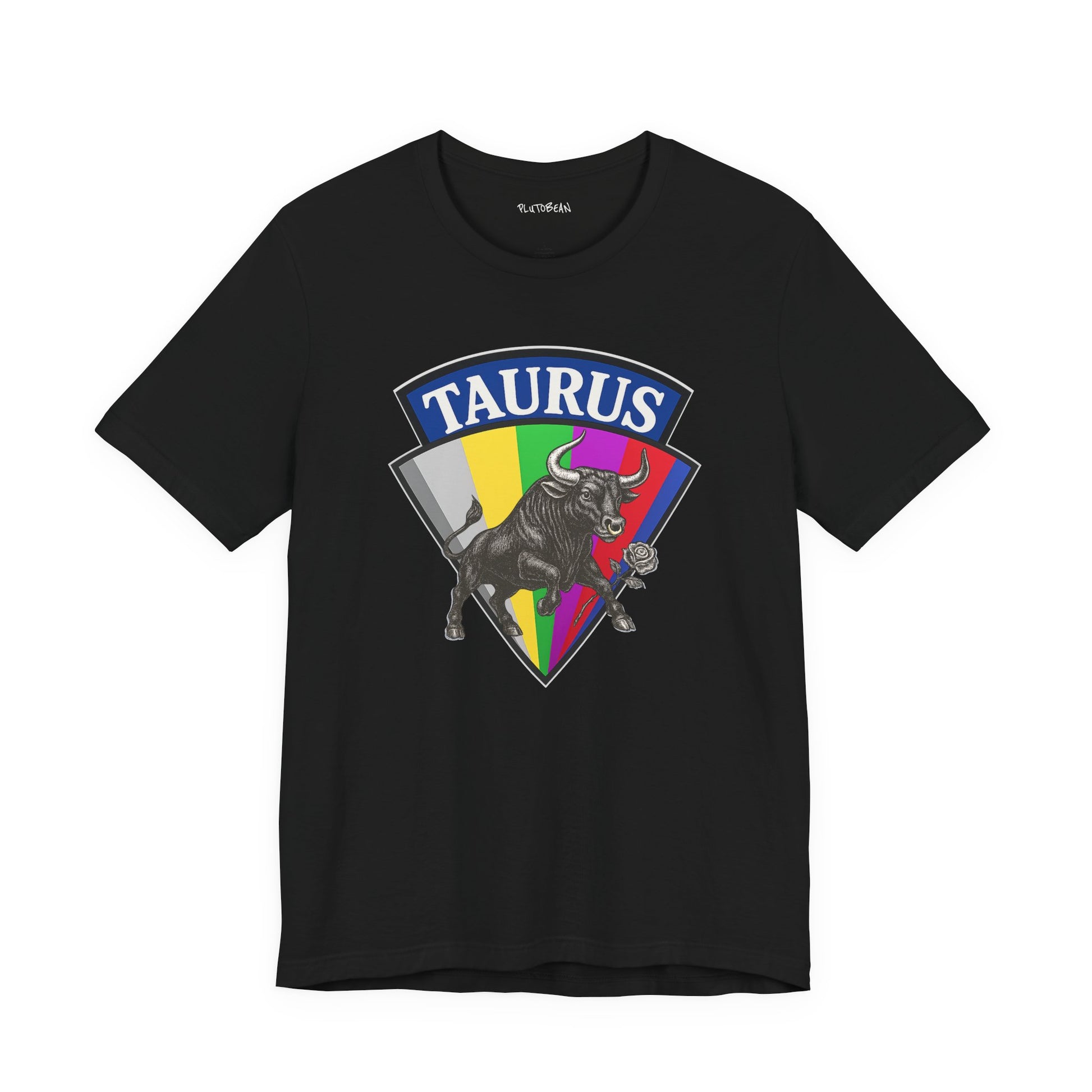 Black t-shirt with Taurus zodiac sign graphic on a white background