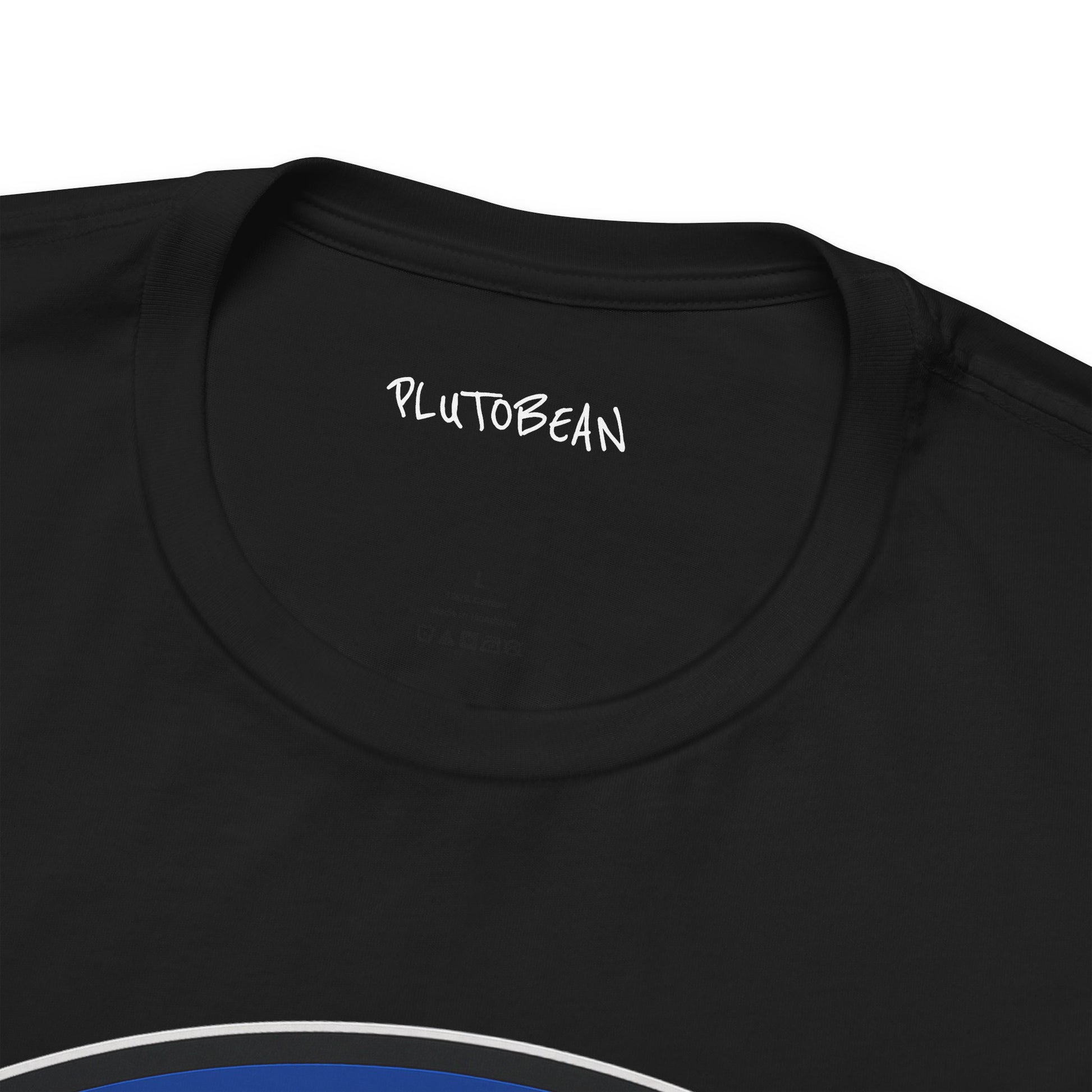 Black t-shirt with 'PLUTOBEAN' logo on a white background