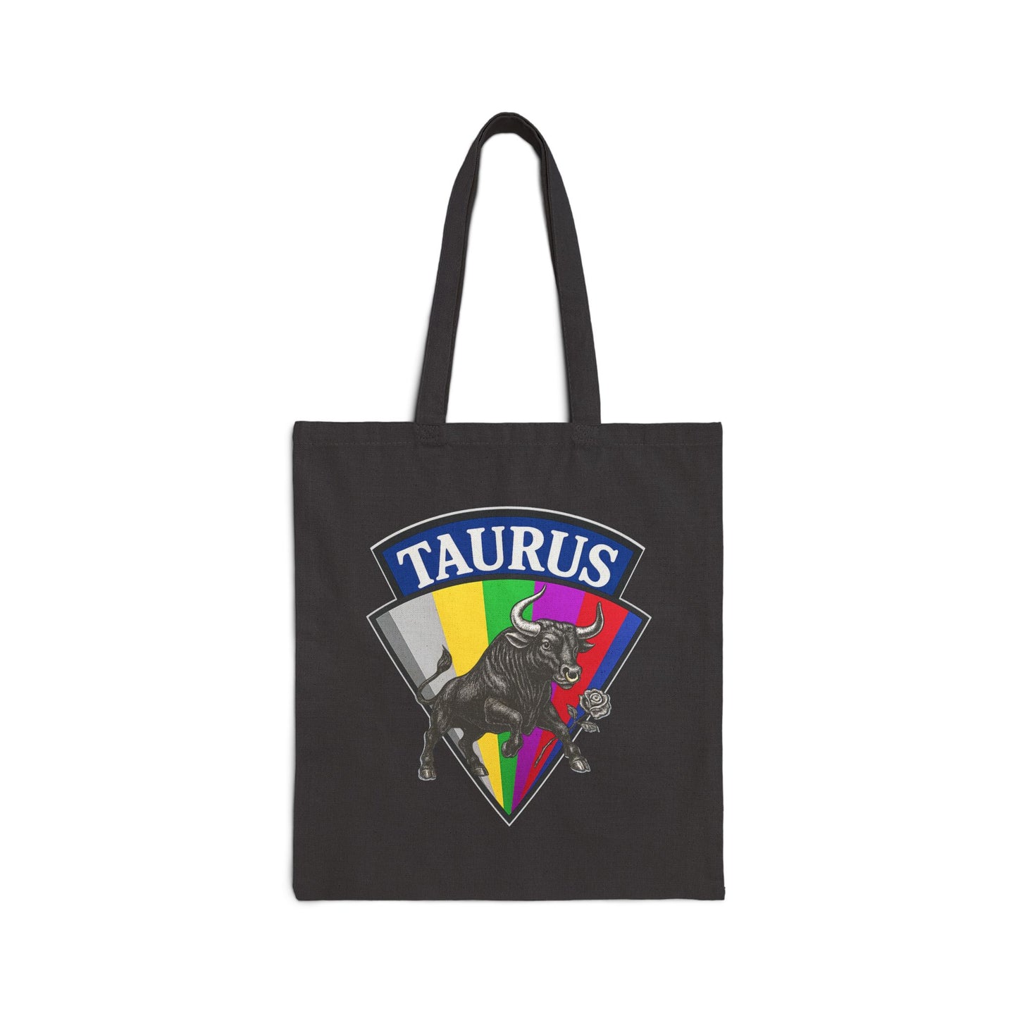 Black tote bag with Taurus logo featuring a bull and colorful design on a white background