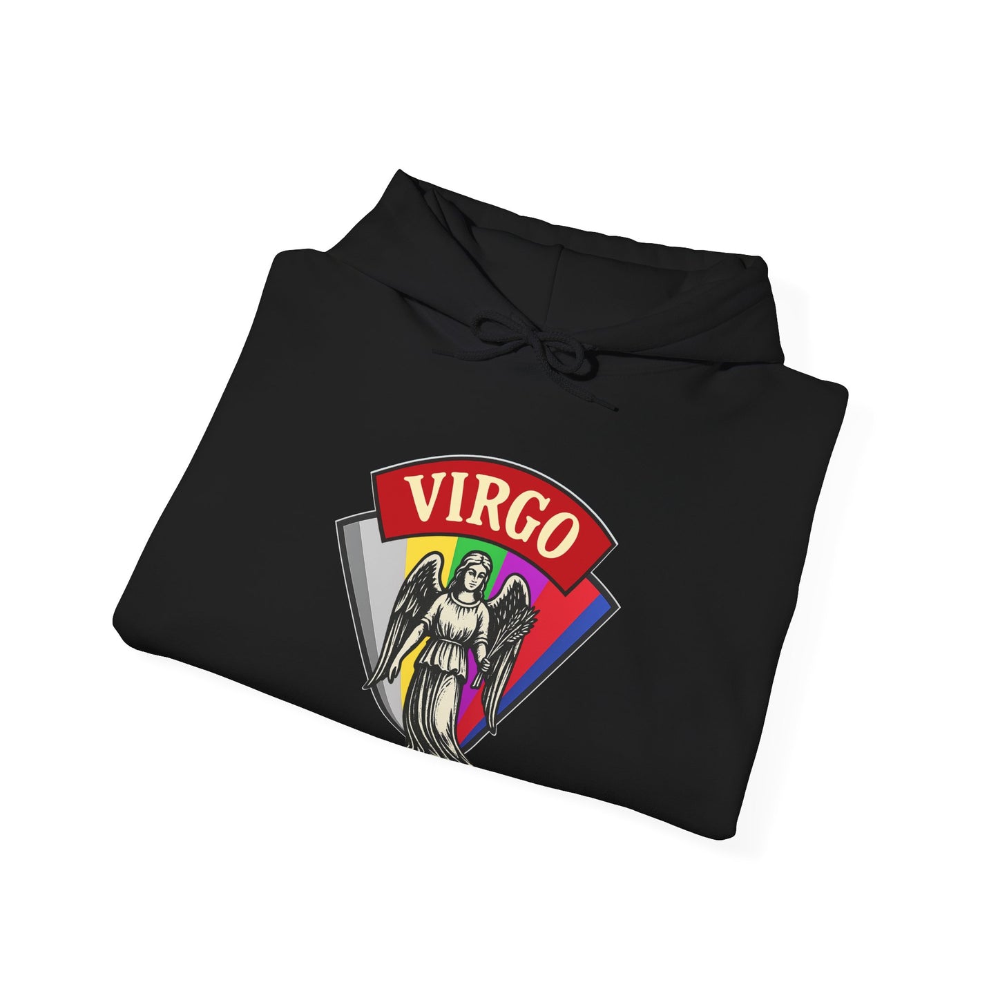 Black hoodie with 'Virgo' design featuring an angel and rainbow colors on a white background