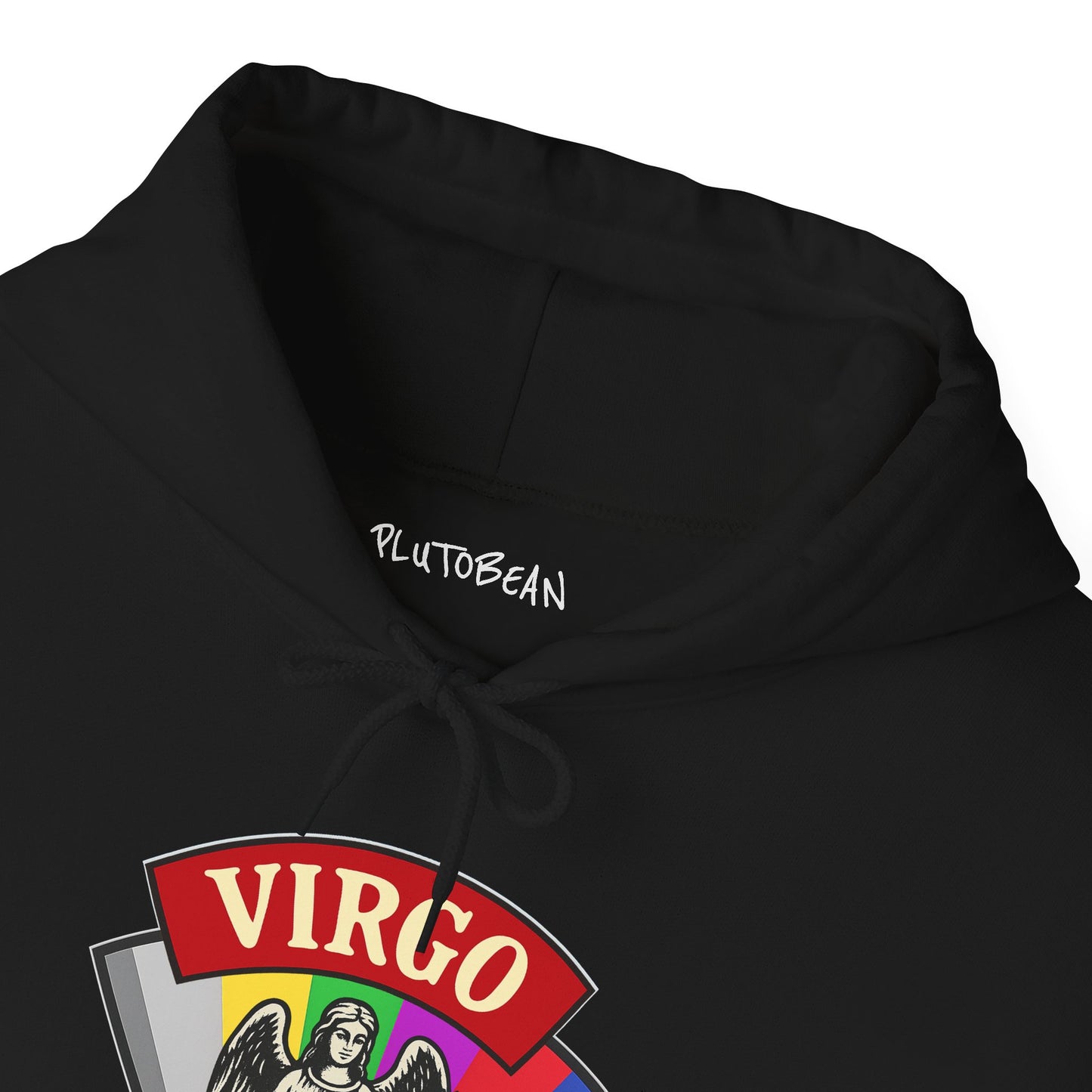 Black hoodie with 'Virgo' design and 'PlutoBean' branding on a white background