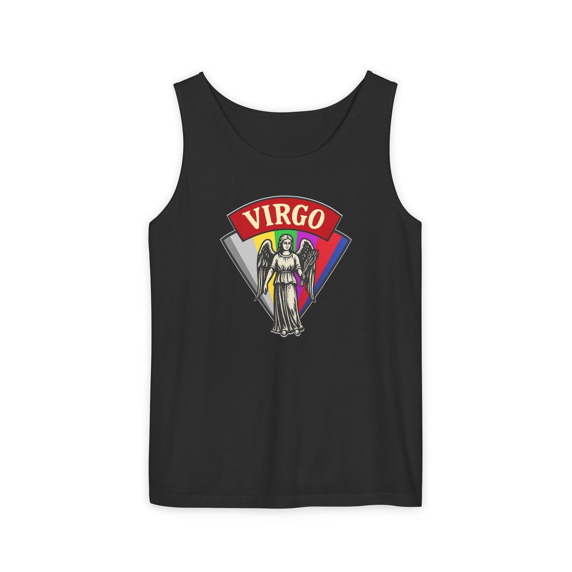 Black tank top with Virgo zodiac design on a white background