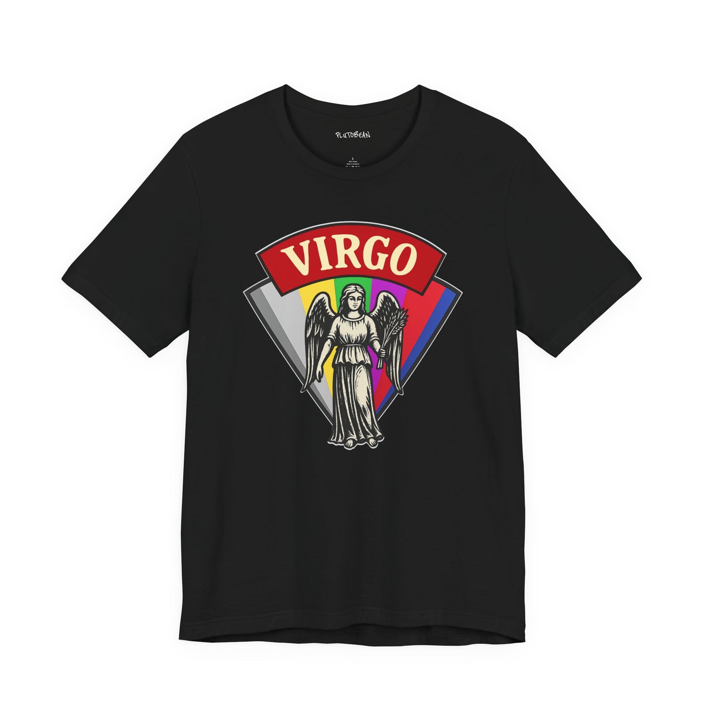 Black t-shirt with Virgo zodiac design on a white background