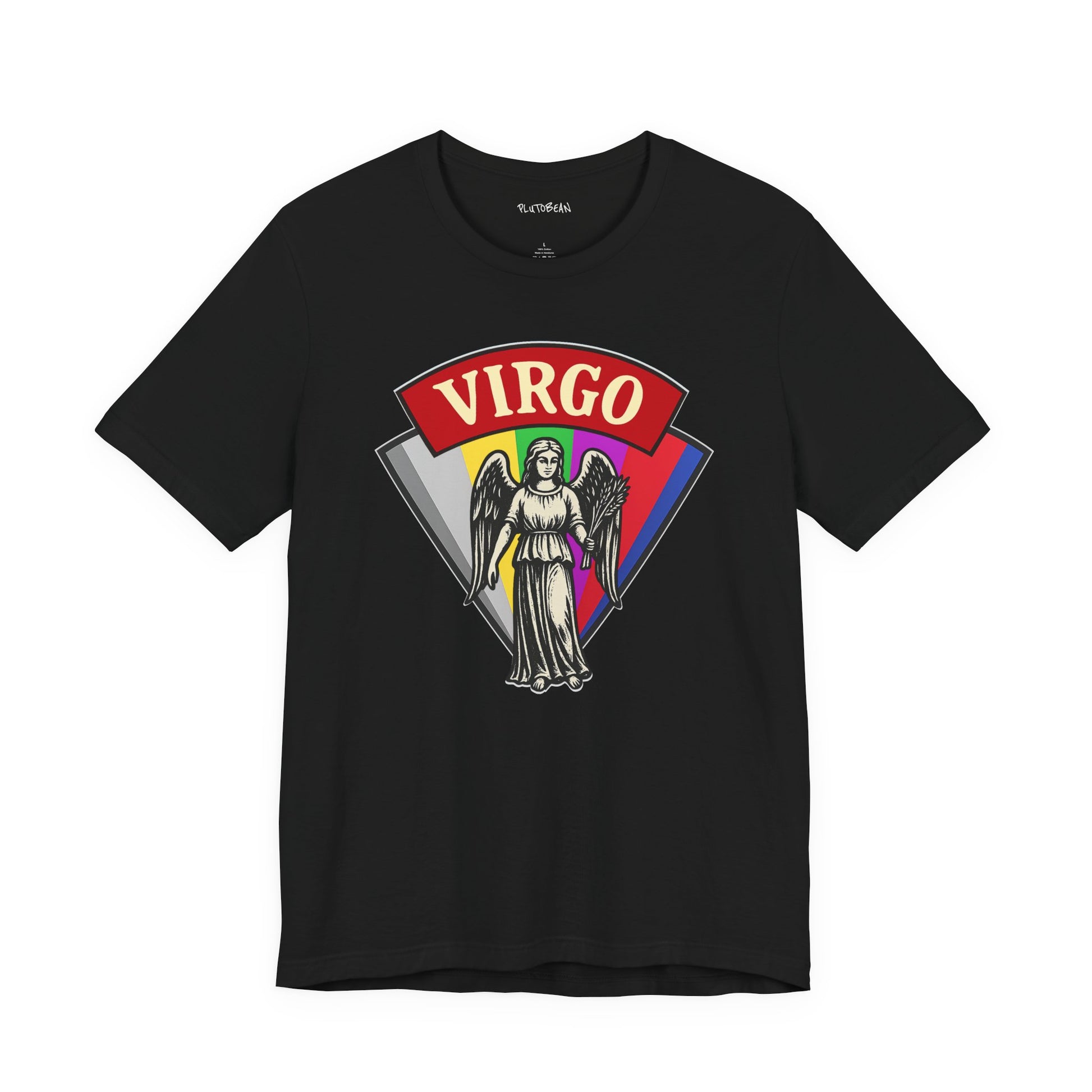 Black t-shirt with Virgo zodiac design on a white background