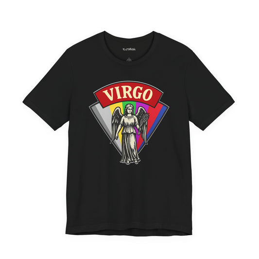 Black t-shirt with Virgo zodiac design on a white background