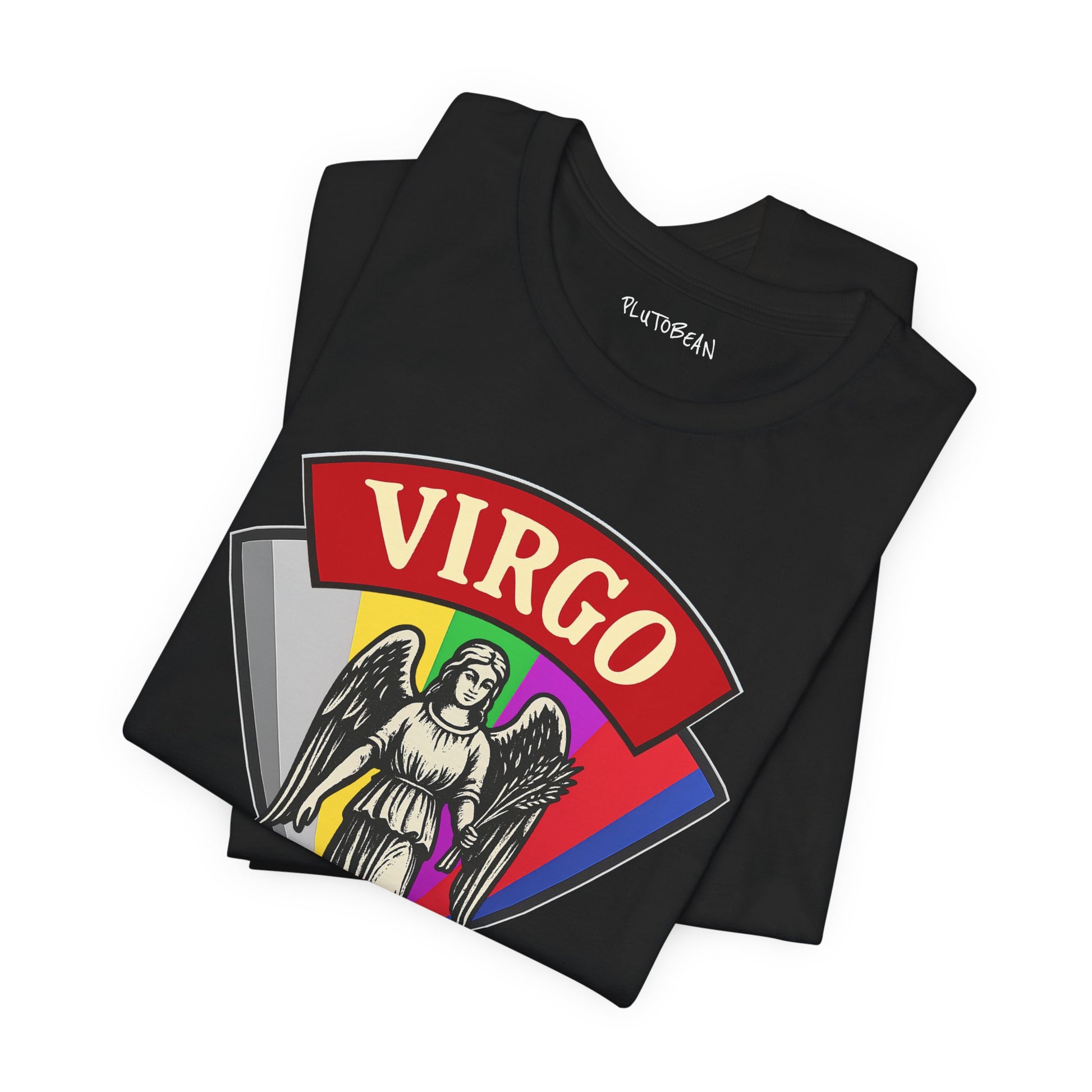 Black t-shirt with Virgo zodiac design on a white background