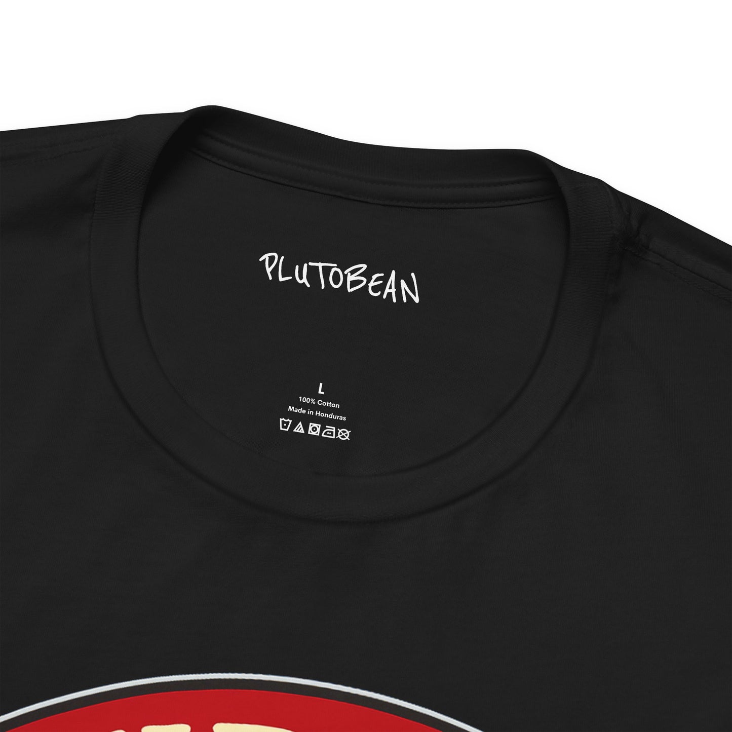 Black t-shirt with 'PLUTOBEAN' branding on the collar and size label.