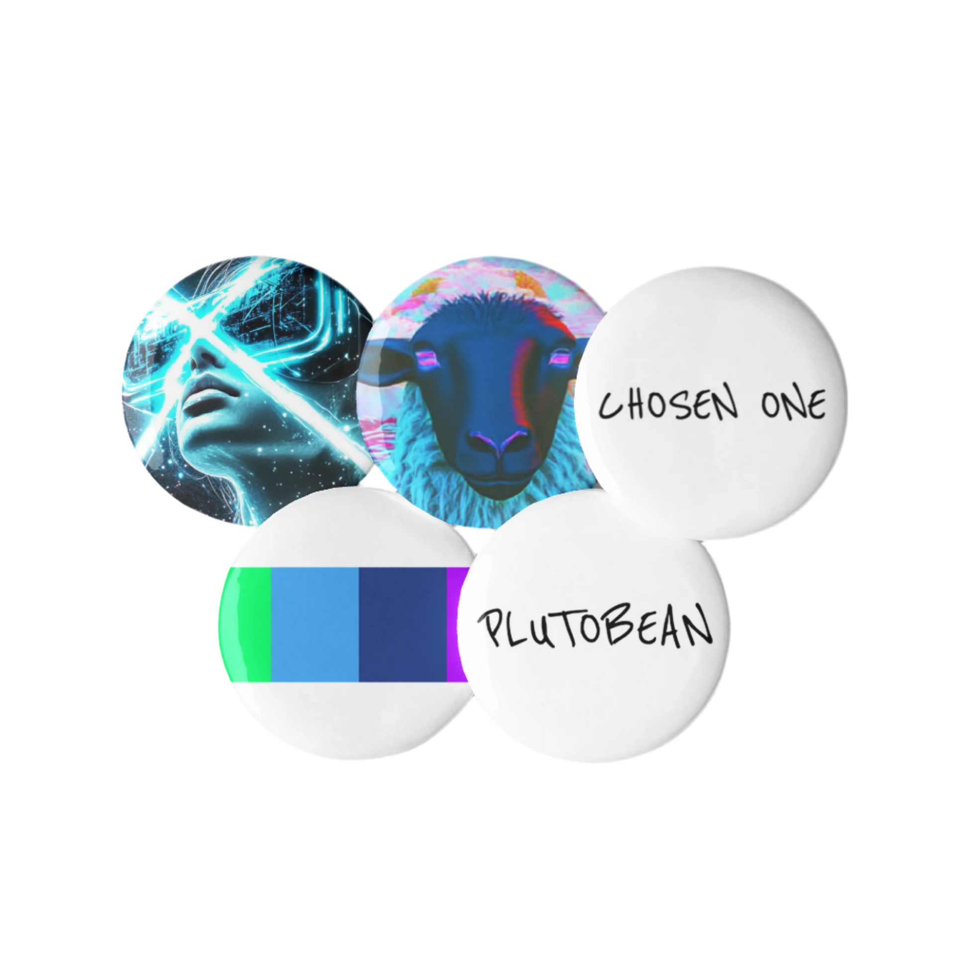 Set of five round buttons featuring cosmic art, PLUTOBEAN and CHOSEN ONE text, a rainbow beam, and a black sheep graphic