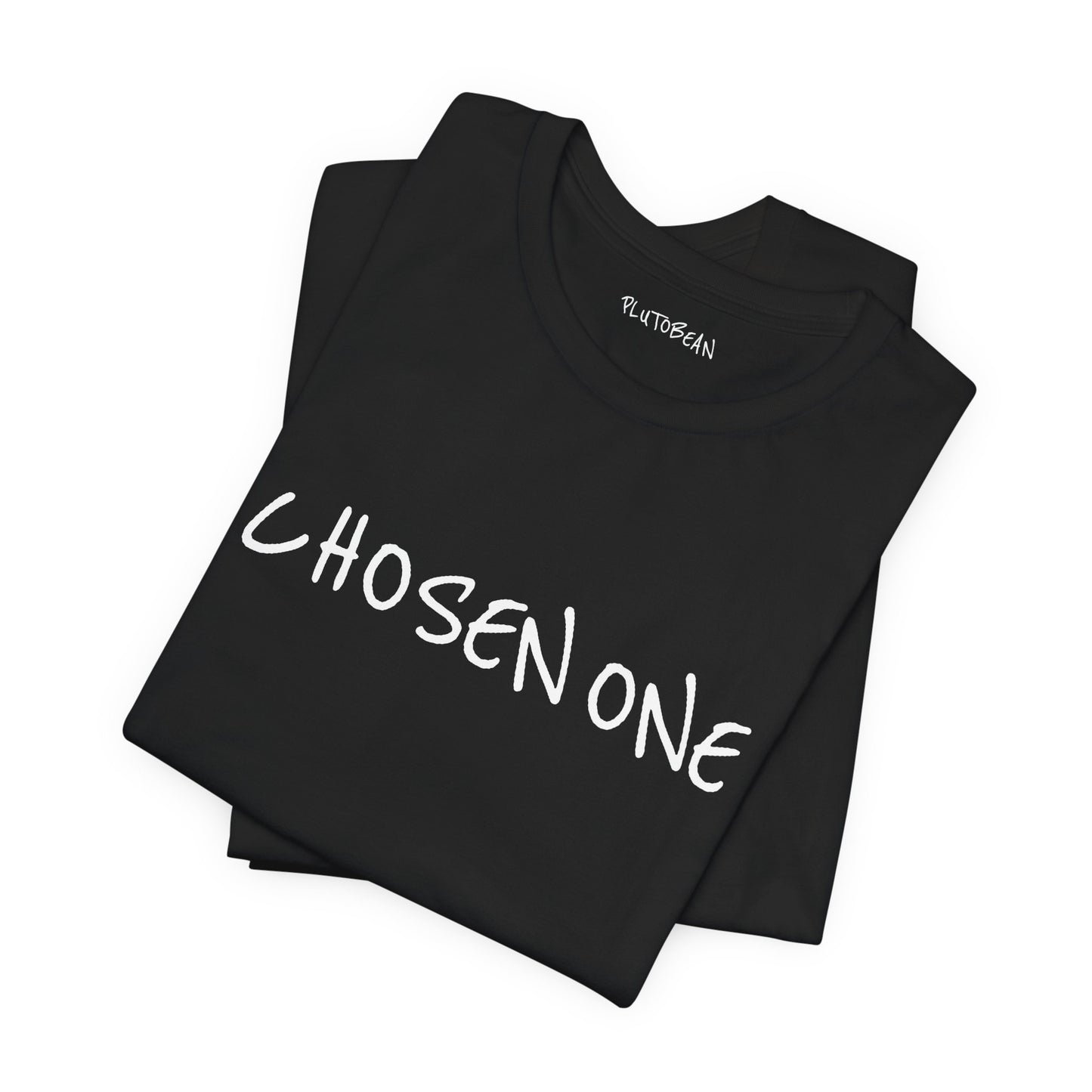 Folded black tee with bold handwritten “CHOSEN ONE” wordmark in white