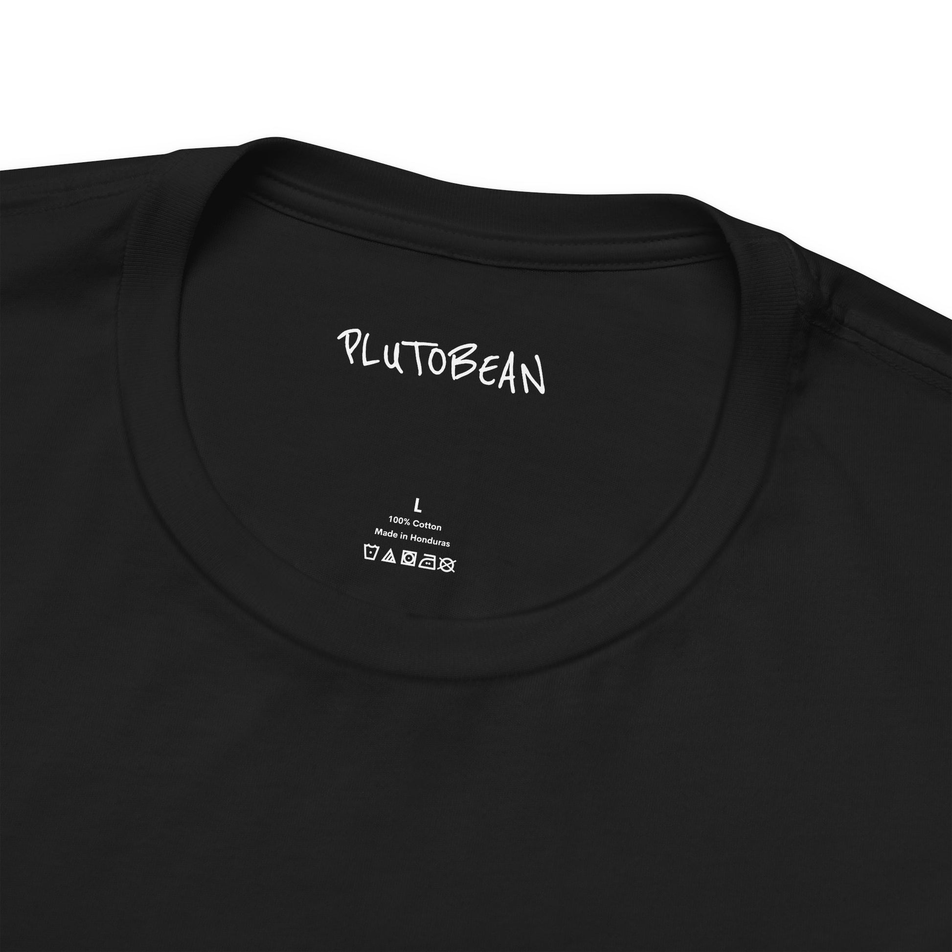 Close-up of neckline and tag on CHOSEN ONE black tee with white lettering