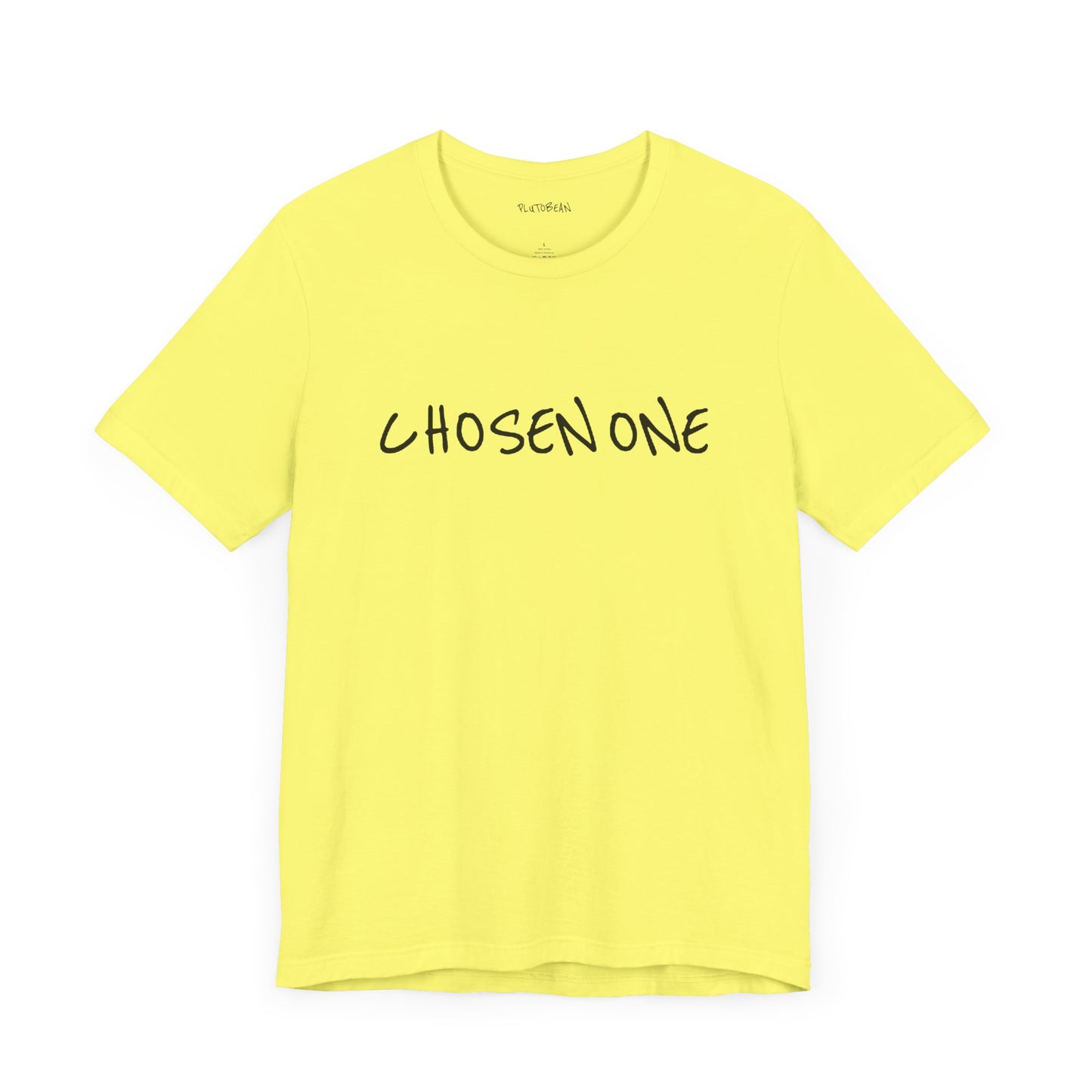 Bright yellow t-shirt with handwritten black “CHOSEN ONE” text across the chest