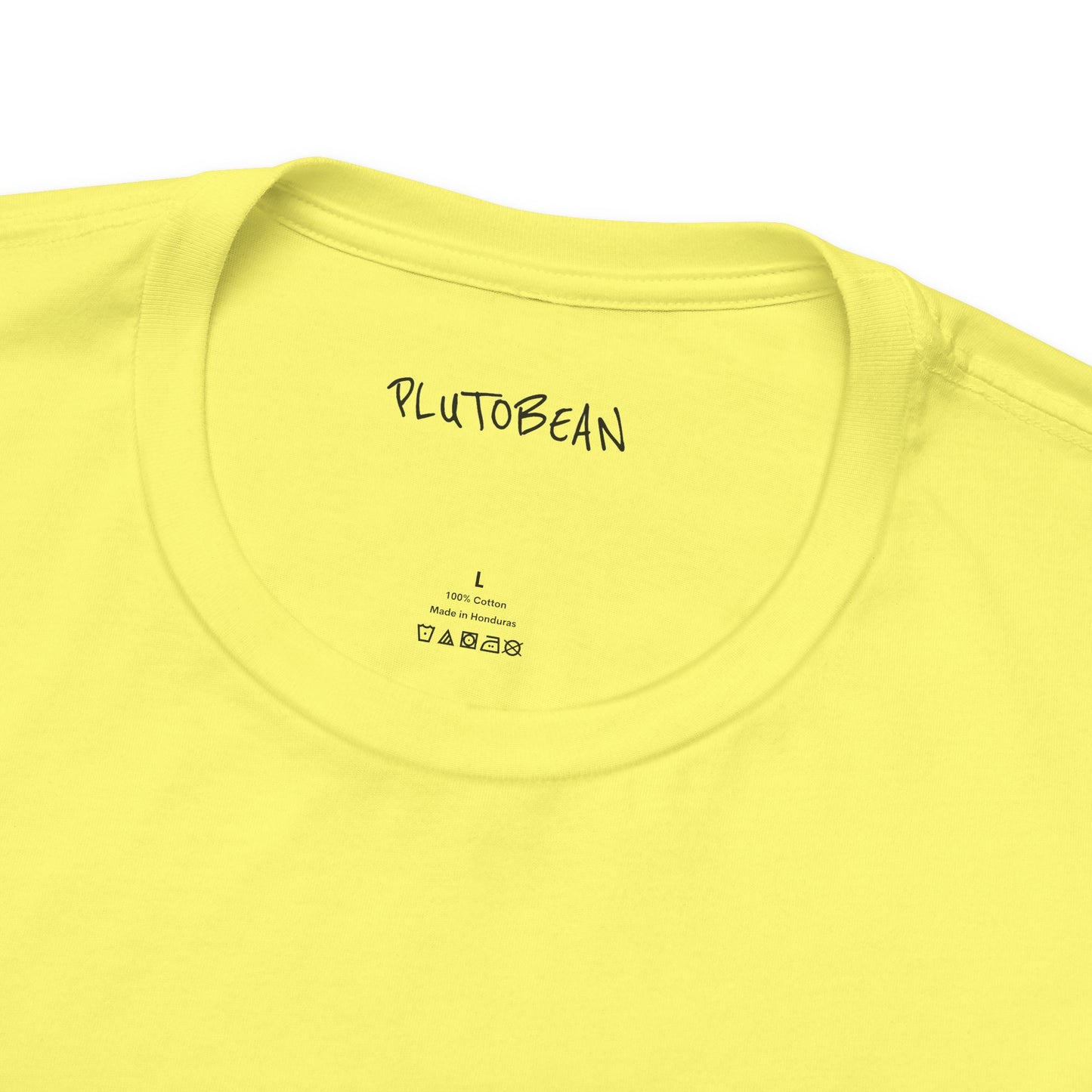 Close-up of neckline and tag on CHOSEN ONE yellow tee with black print