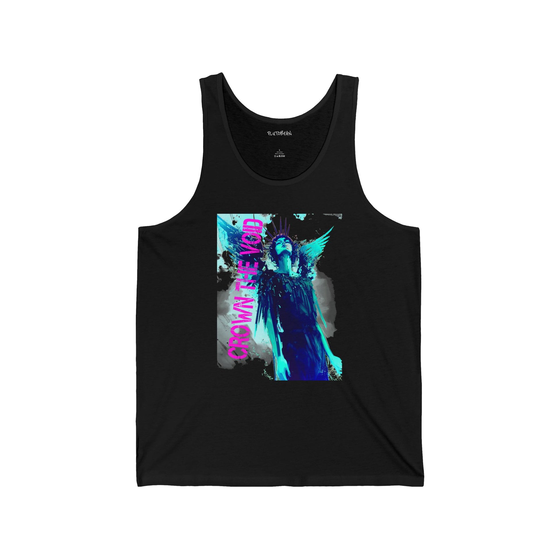 Black tank top with a colorful graphic design on a white background