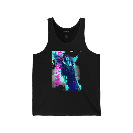 Black tank top with a colorful graphic design on a white background