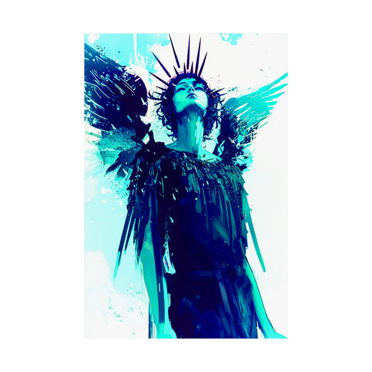 Artistic depiction of a winged figure with abstract blue and black design