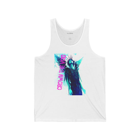 White tank top with colorful graphic design and text on a white background