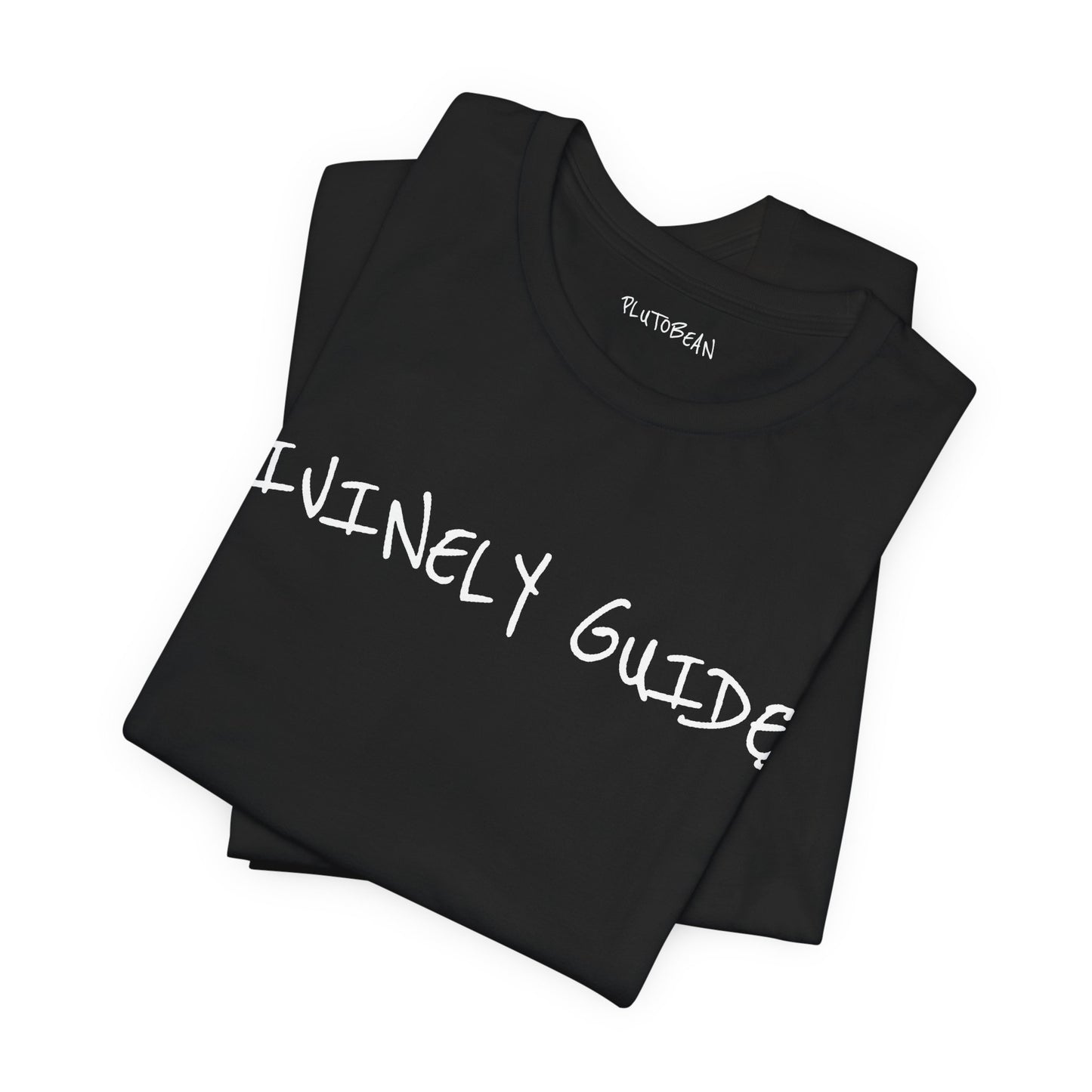 Folded black tee featuring bold handwritten “DIVINELY GUIDED” wordmark in white